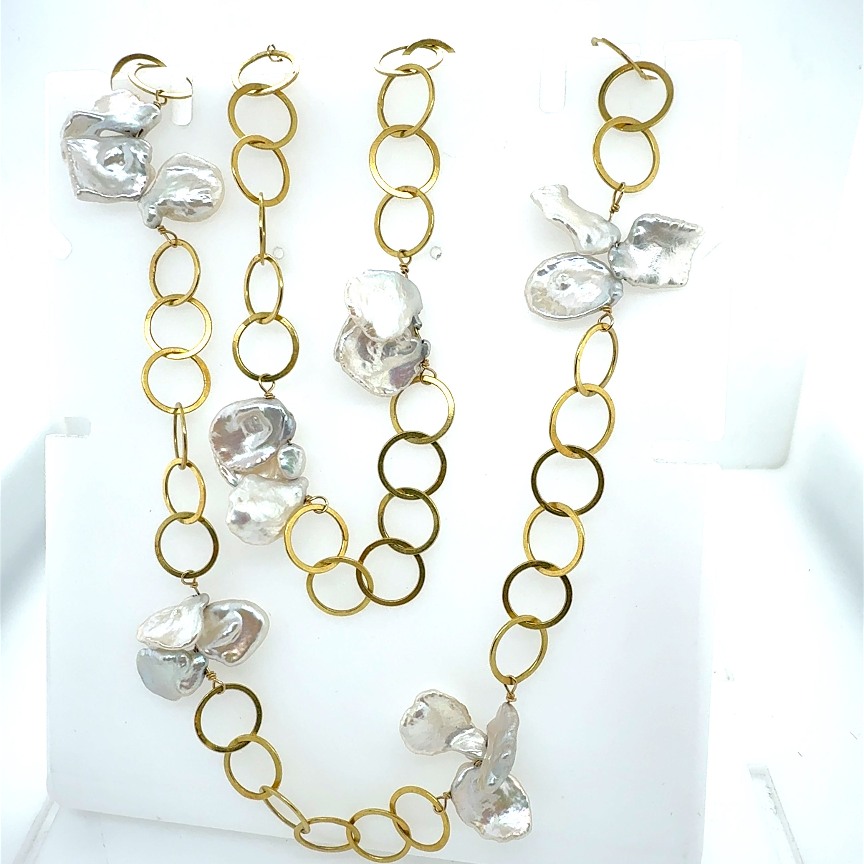Retro Yellow Gold 36-Inch Keshi Pearl Opera Circular Ring Necklace Circa 1990