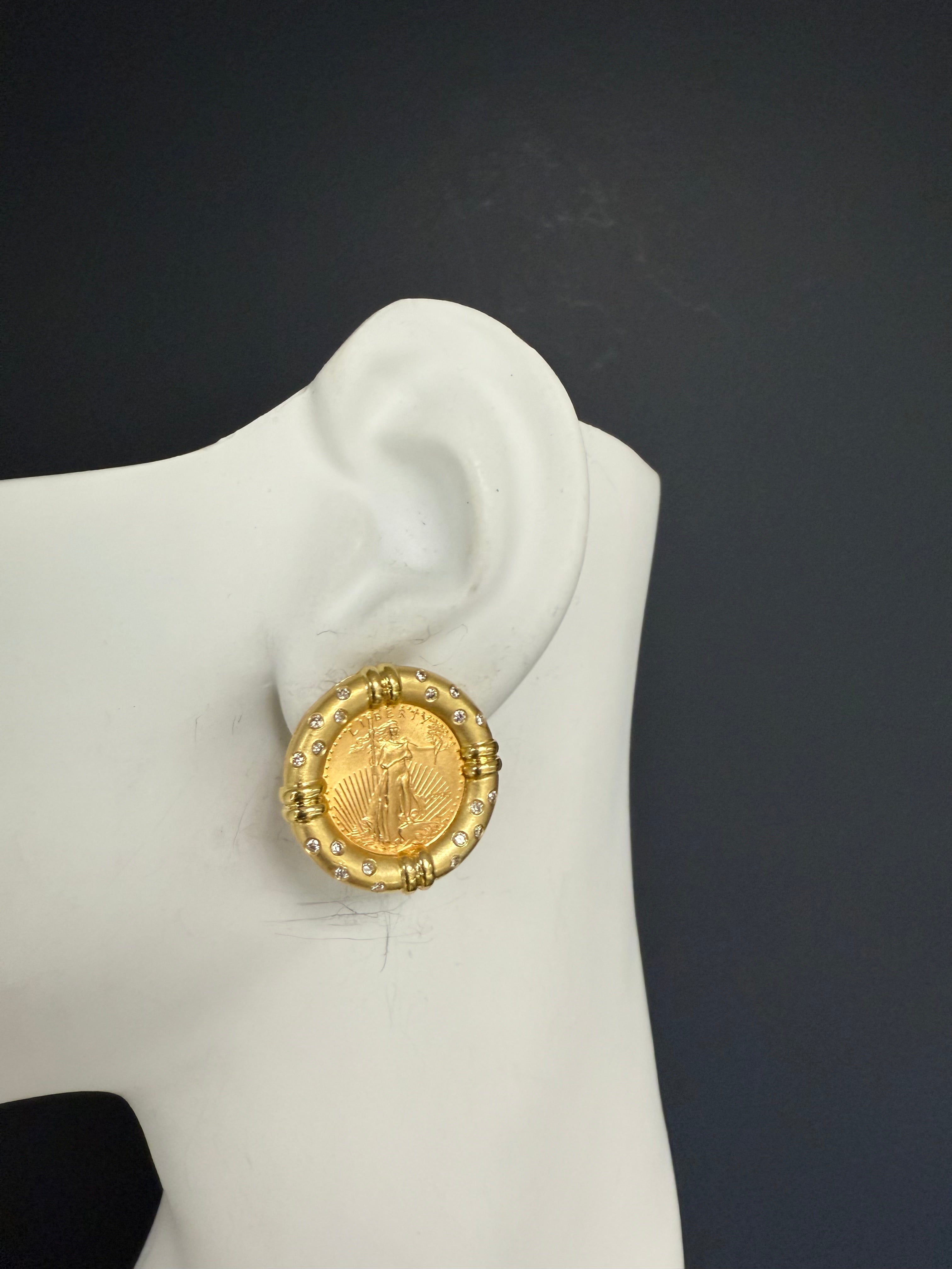 Retro Gold Liberty Coin 1/10 oz & Natural 0.4 Carat Diamond Earrings Circa 1980