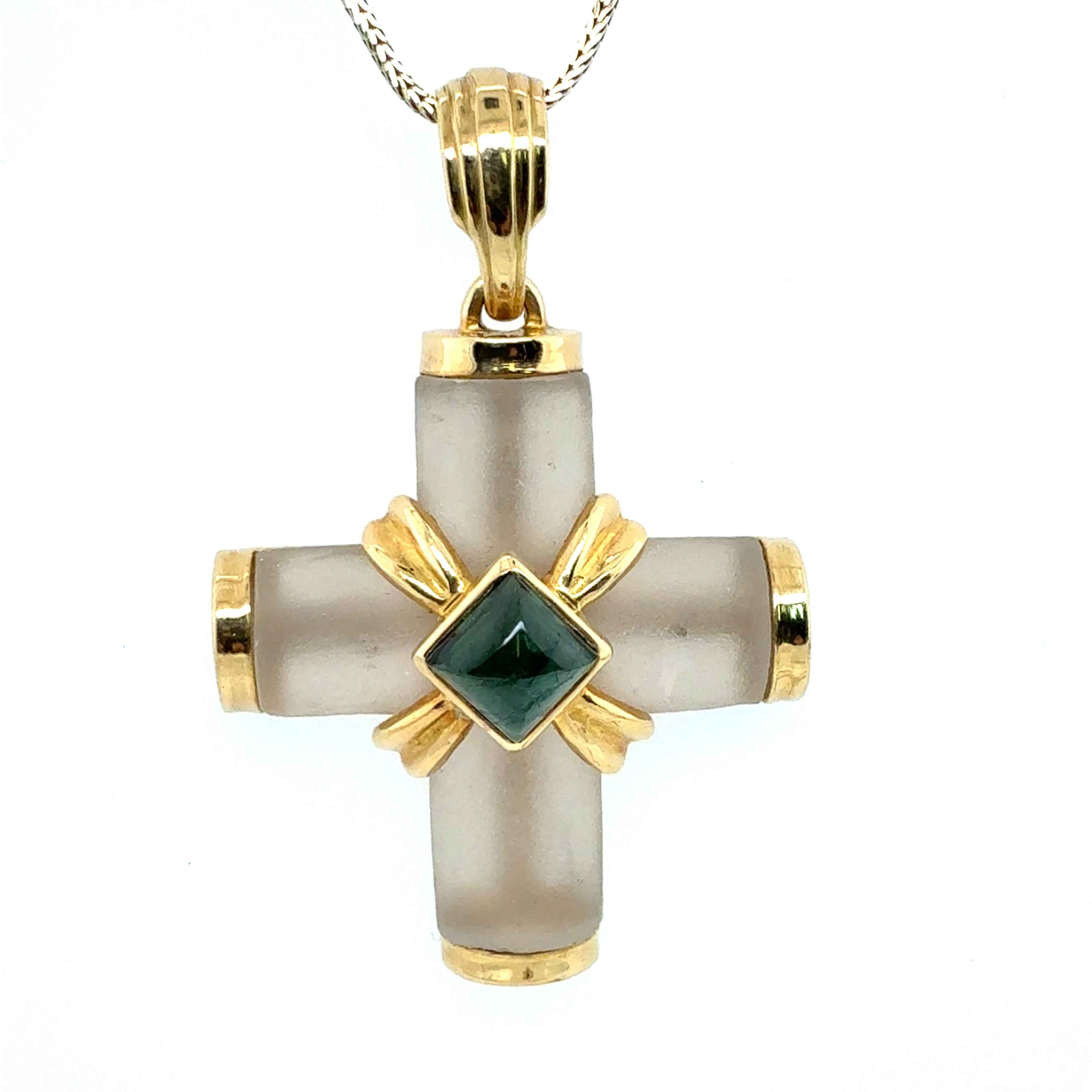 Retro Yellow Gold Natural Green Tourmaline Cab Greek Cross Statement Pendant