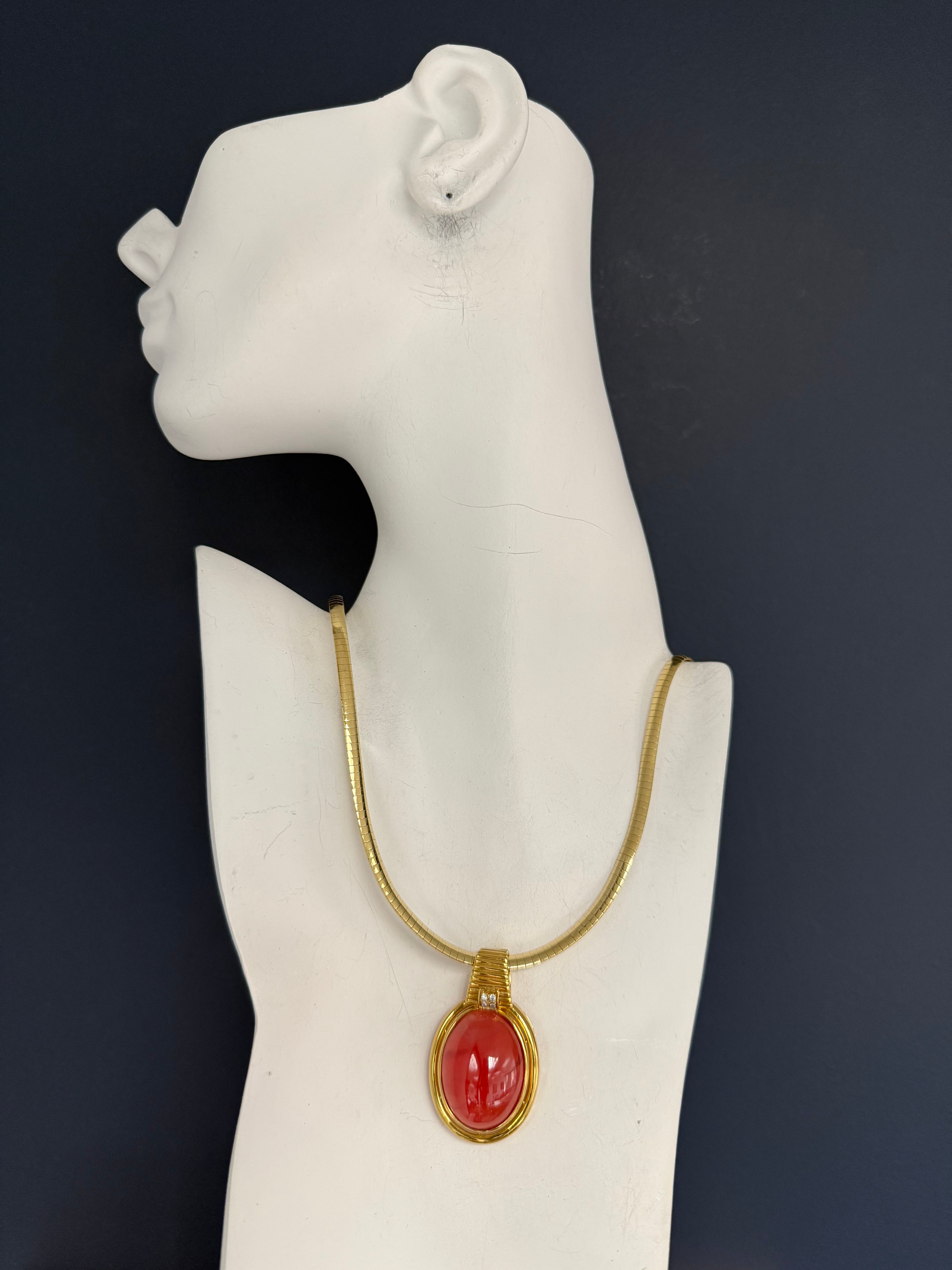 Retro Gold Natural Rhodochrosite & Diamond Statement Pendant Circa 1970