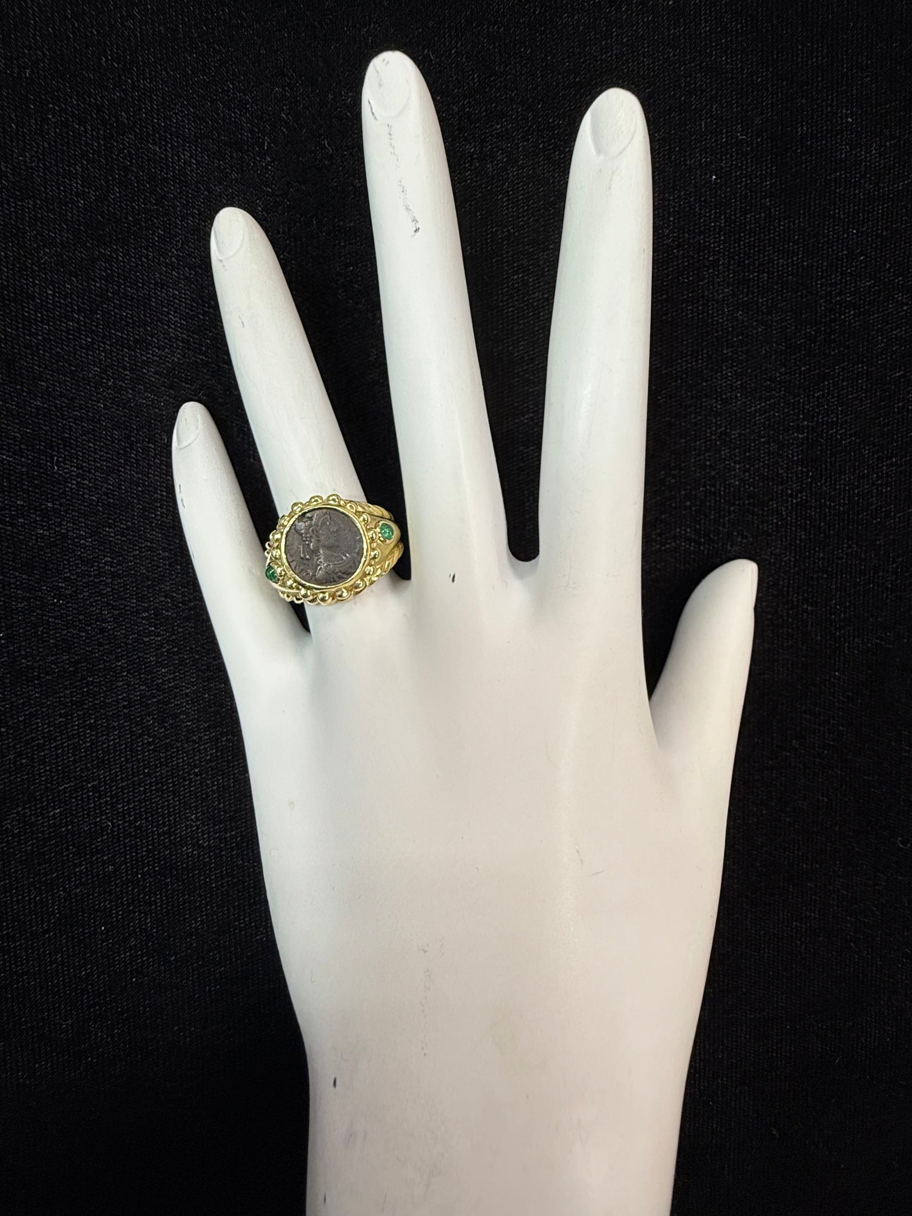 Retro Gold Roman Coin with Natural Emerald Statement Ring Circa 1980