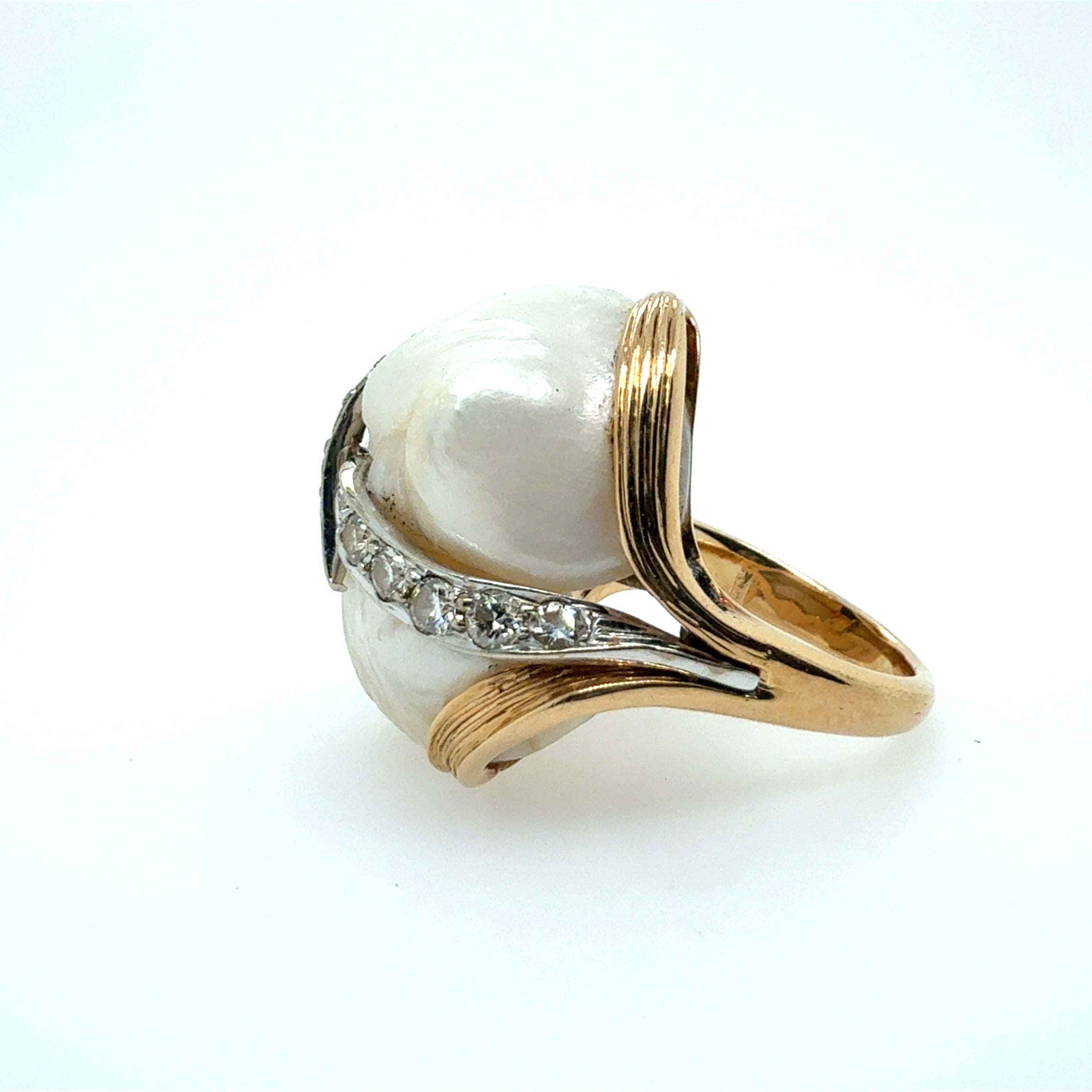 Retro Yellow Gold 0.75 Carat Natural Diamond and Pearl Cocktail Ring Circa 1960