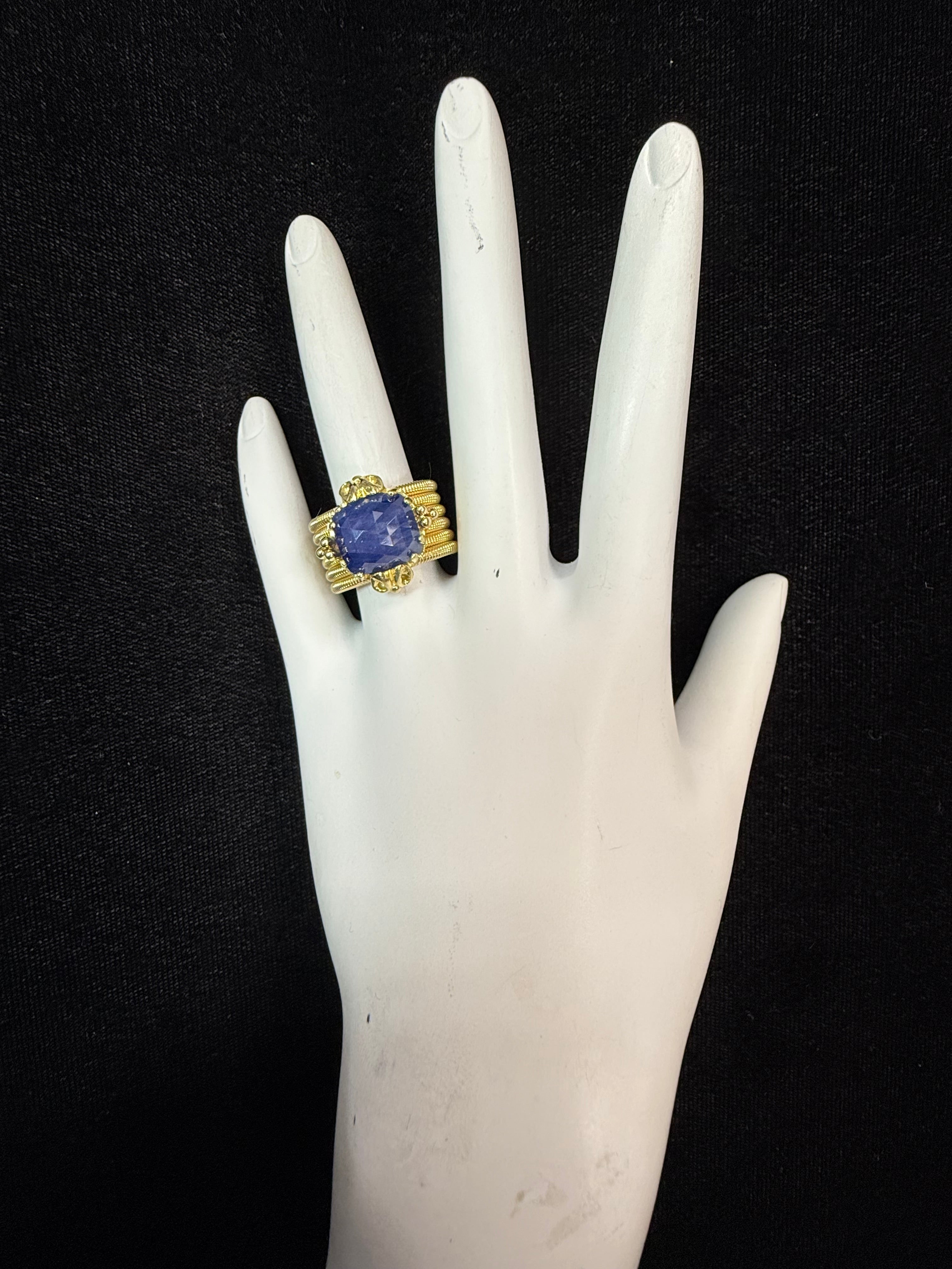 Retro Yellow Gold Natural 9 Carat Blue Rose Cut Sapphire Statement Ring