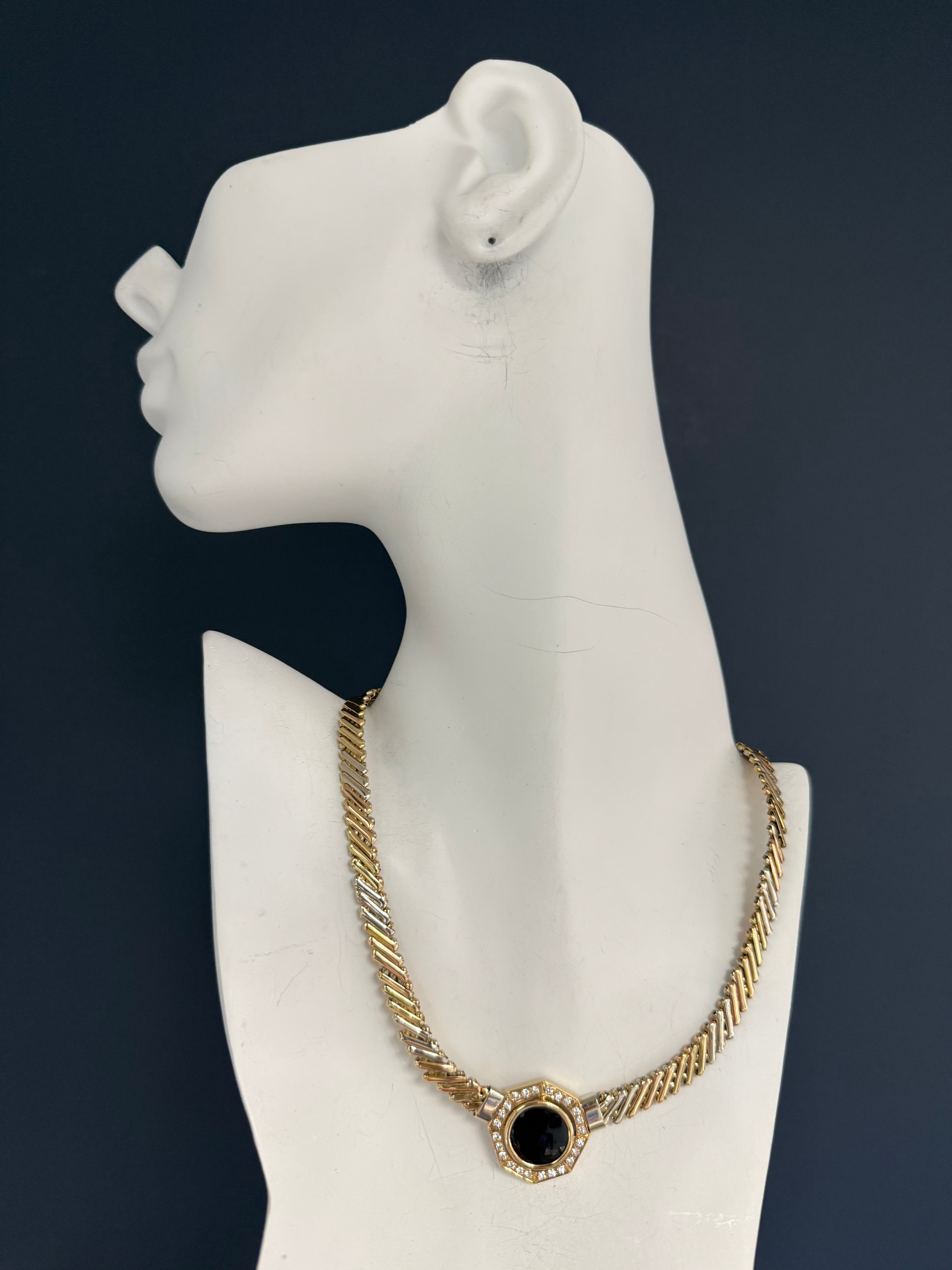Retro Gold Tri-Color 0.75 CT Diamond and Onyx Statement Necklace Circa 1970