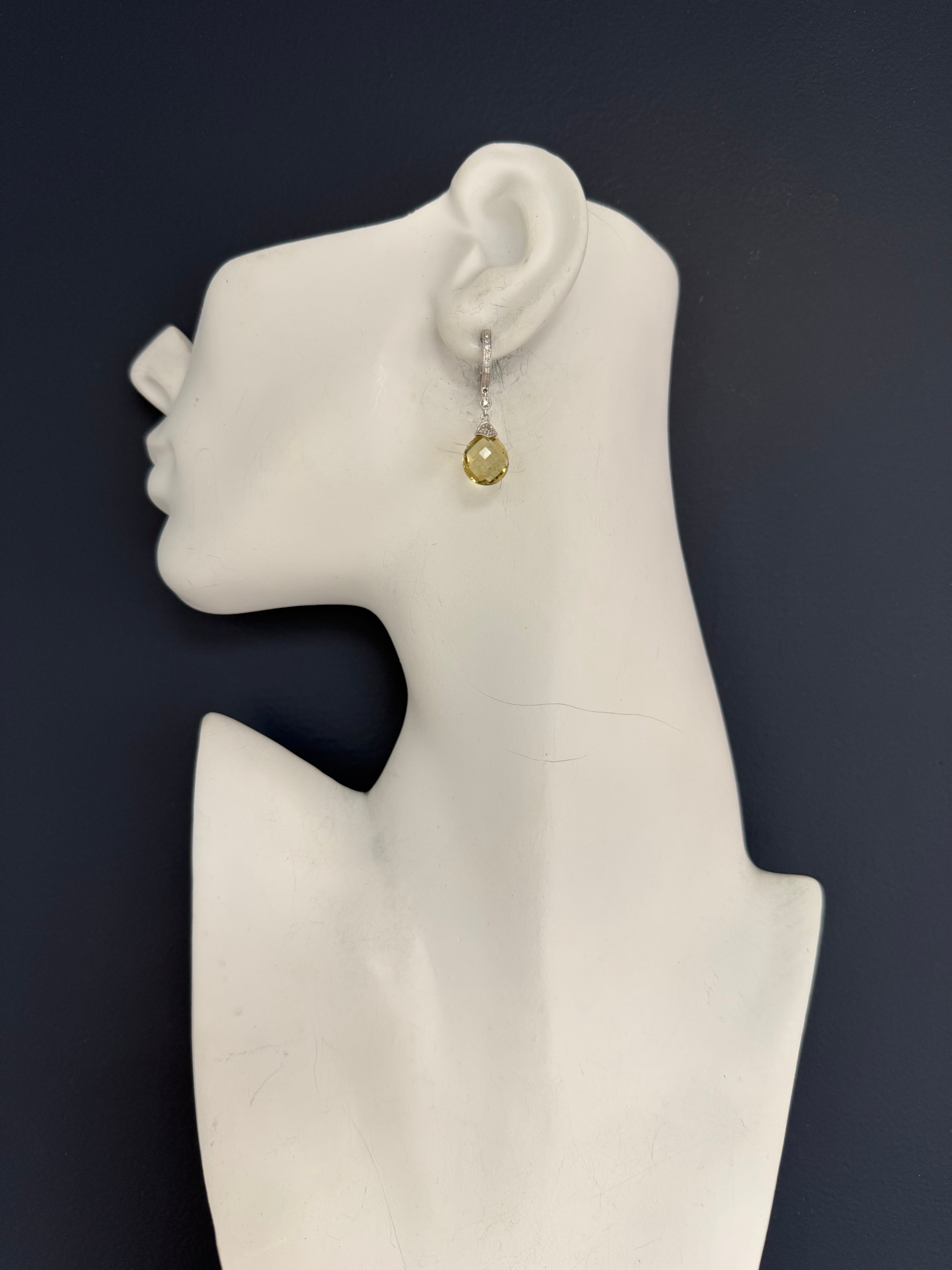 Modern 14K White Gold Rose-Cut Citrine Quartz and Natural Diamond Drop Earrings