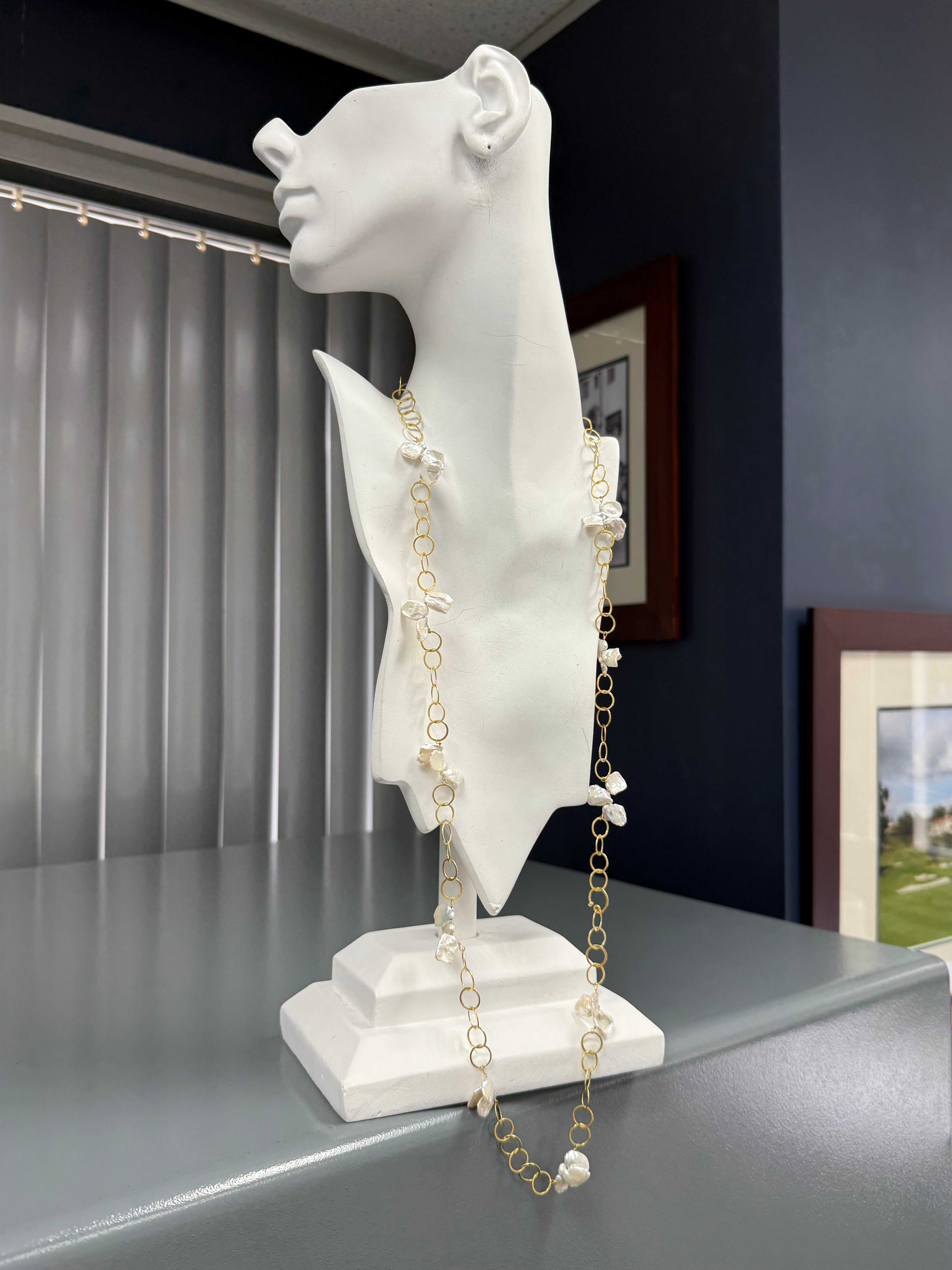 Retro Yellow Gold 36-Inch Keshi Pearl Opera Circular Ring Necklace Circa 1990