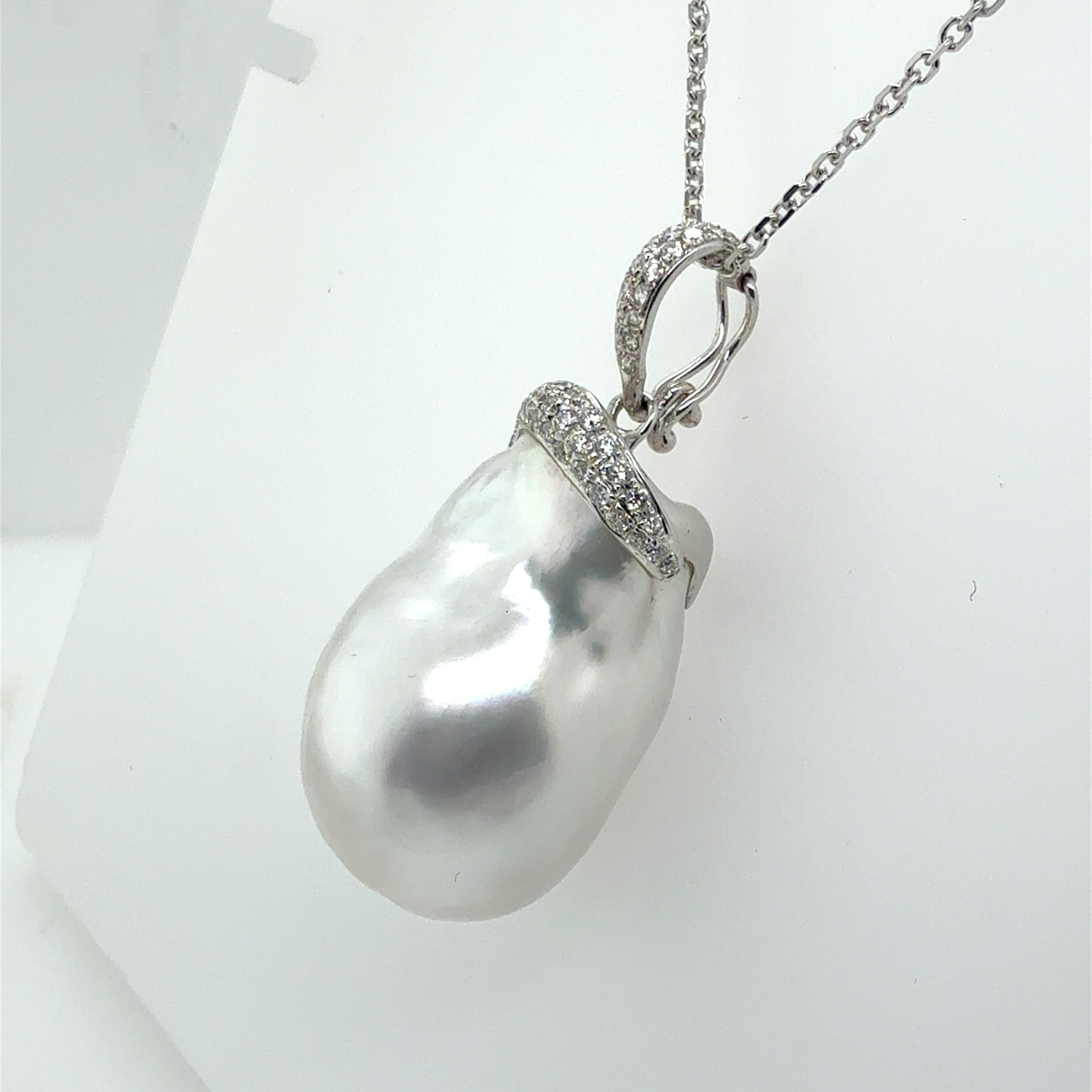 Retro White Gold Natural Australian Baroque South Sea Pearl & Diamond Pendant