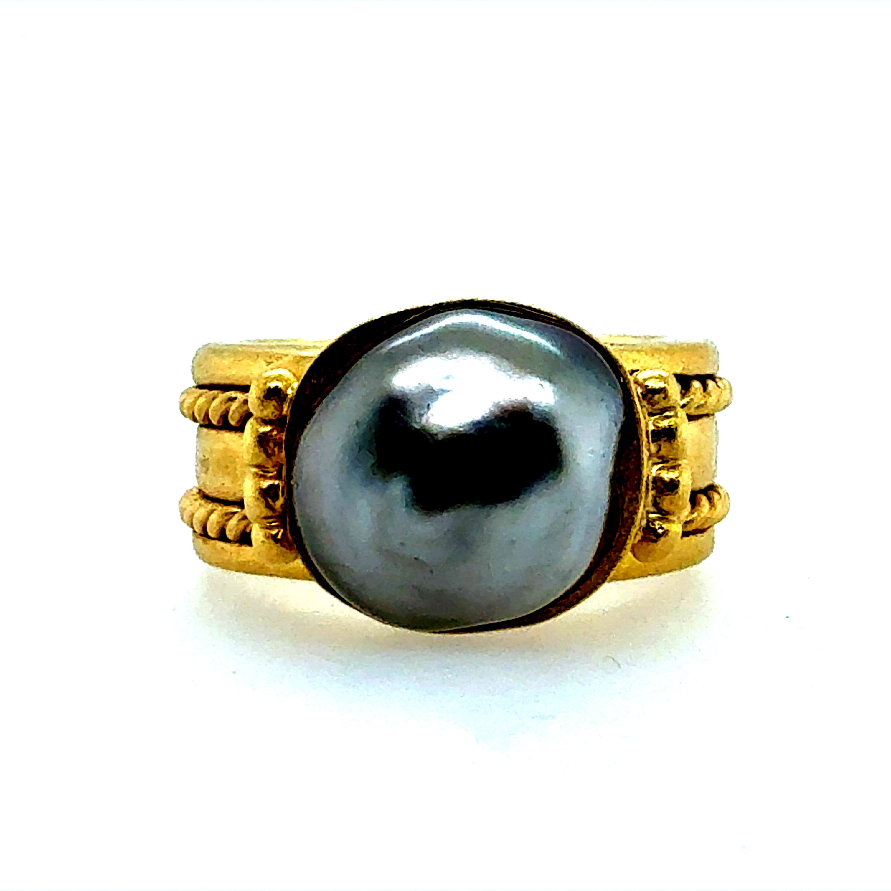 Retro Yellow Gold Black Tahitian Baroque Pearl Statement Ring Circa 2000