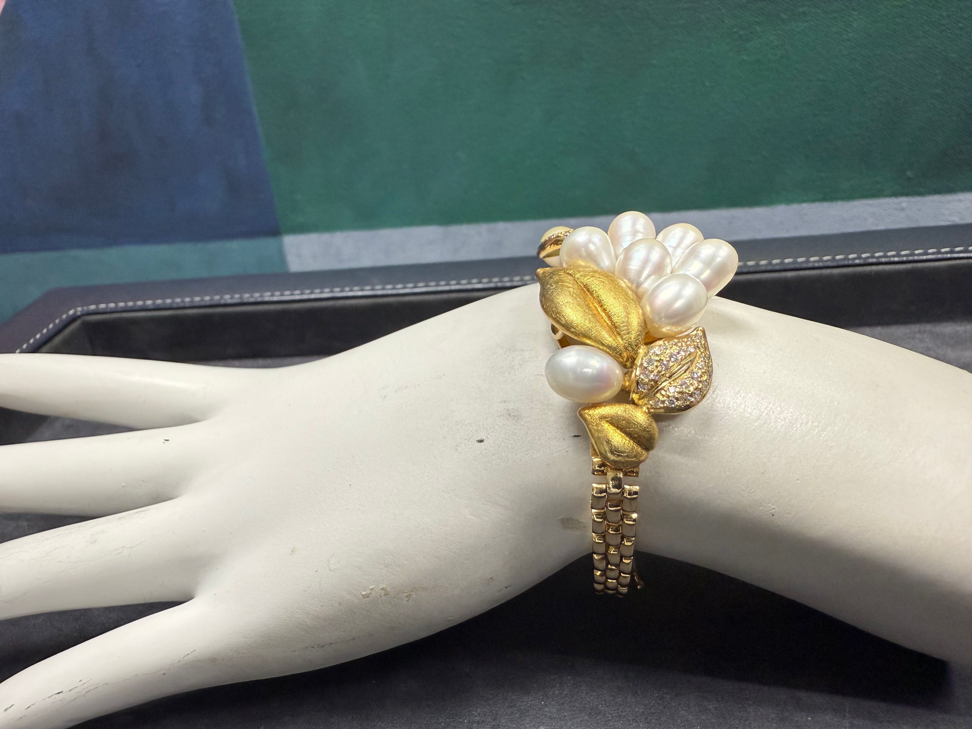Retro Gold 0.75 Carat Diamond and Pearl Statement Leaf Bracelet Circa 1960