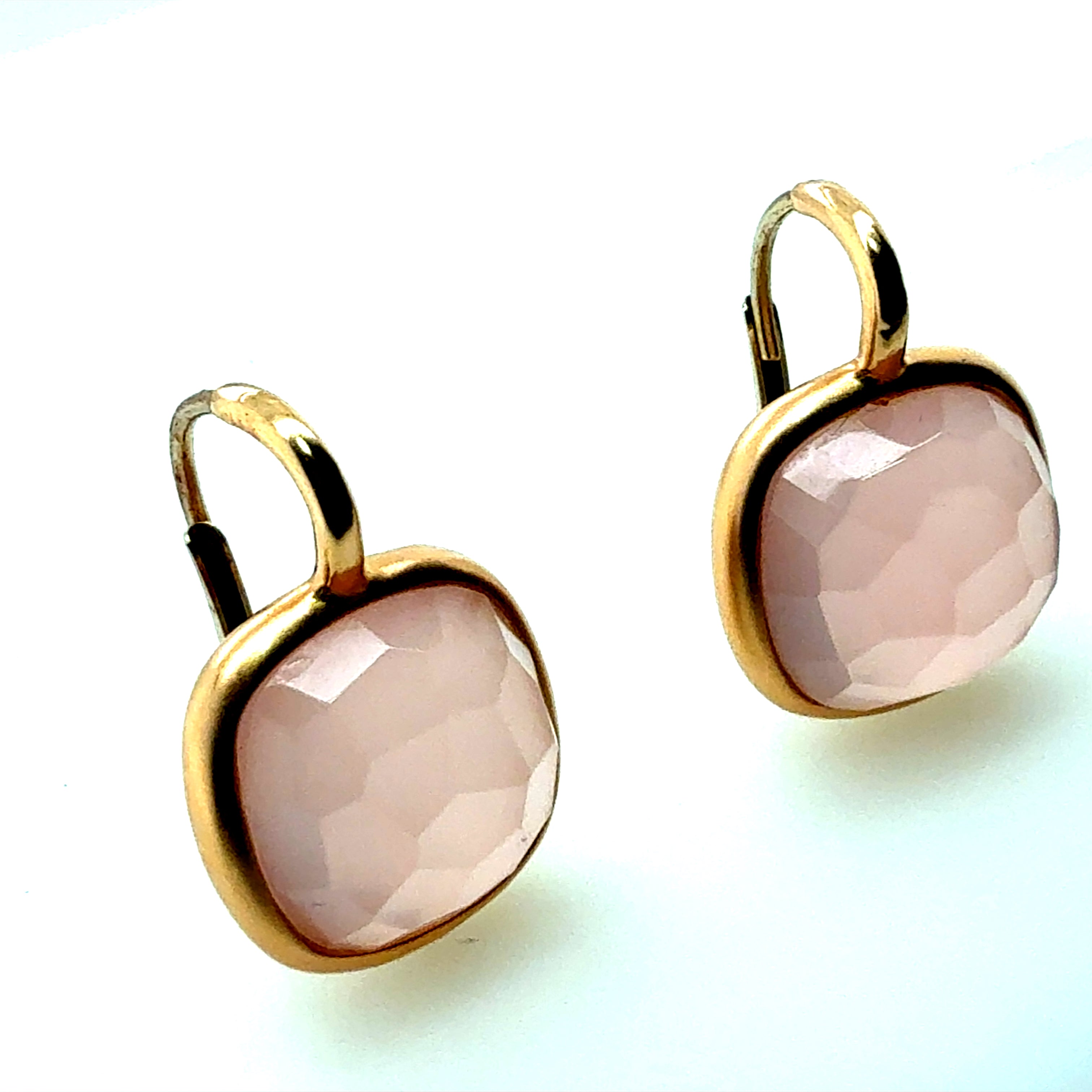 Modern Satin Gold Rose Quartz Statement Earrings, Made in Italy