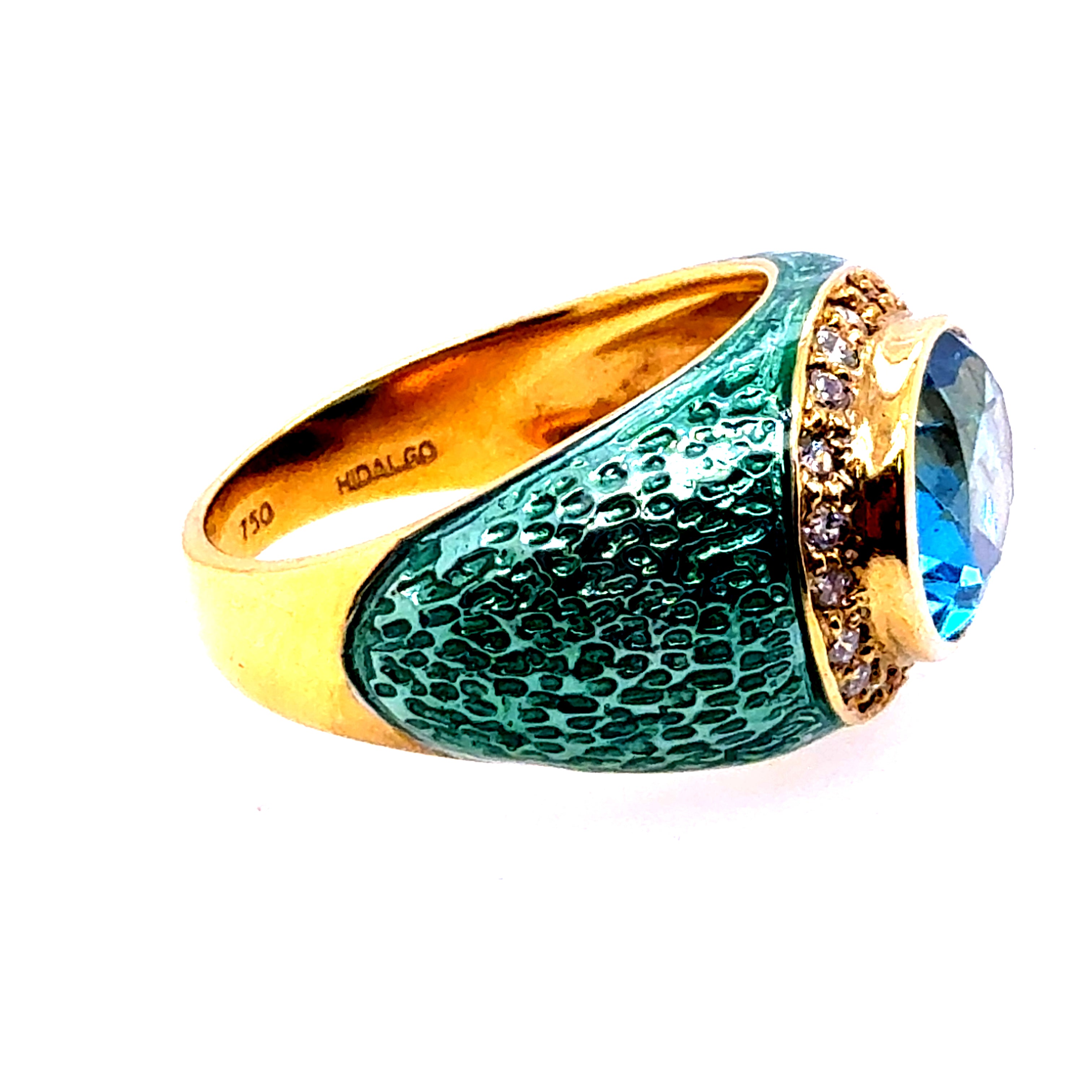 Modern Gold Natural Diamond, Blue Topaz & Enamel Statement Ring by Hidalgo