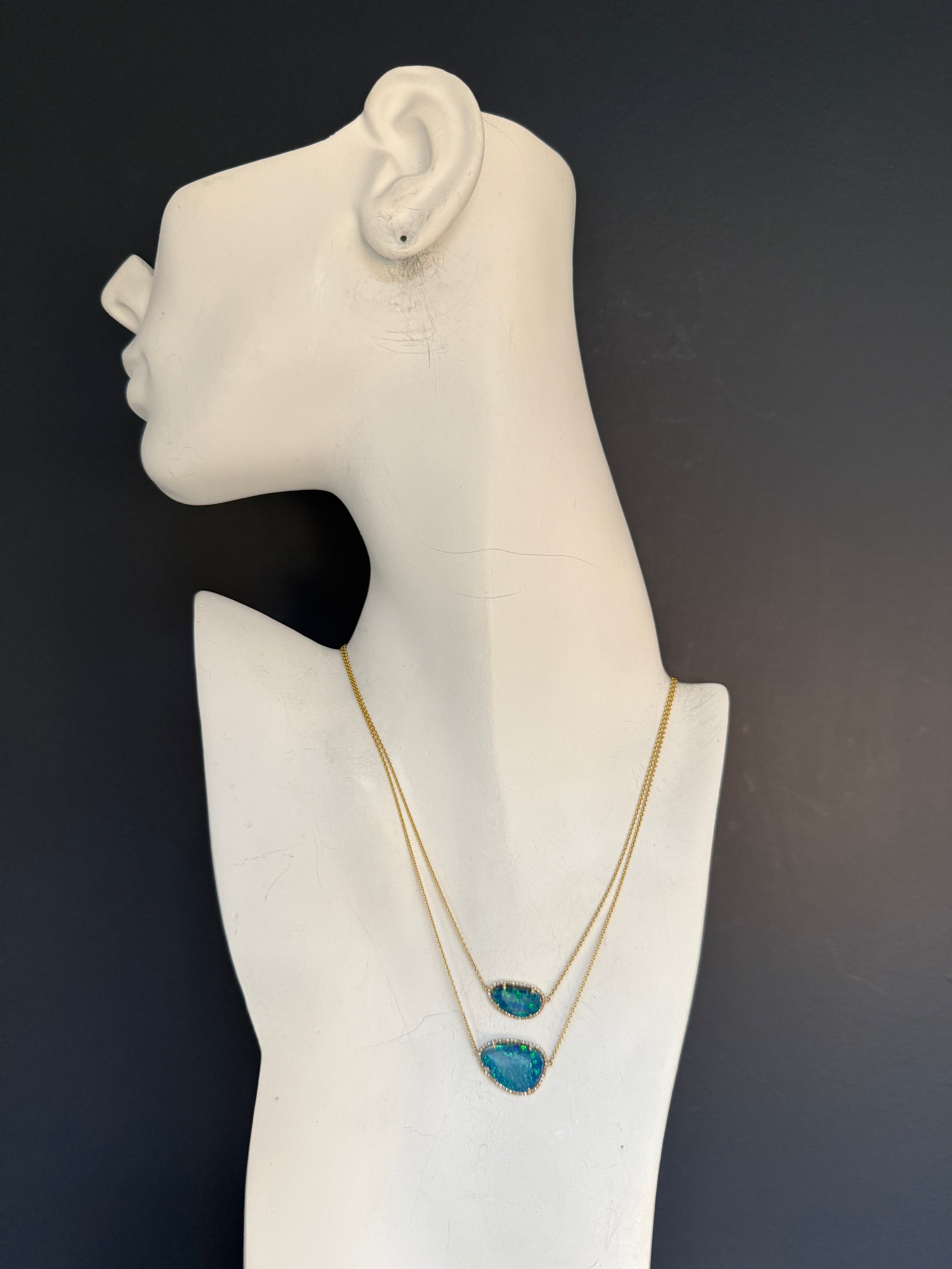 Modern 14K Gold Opal Doublet & Natural Diamond Two Strand Statement Necklace