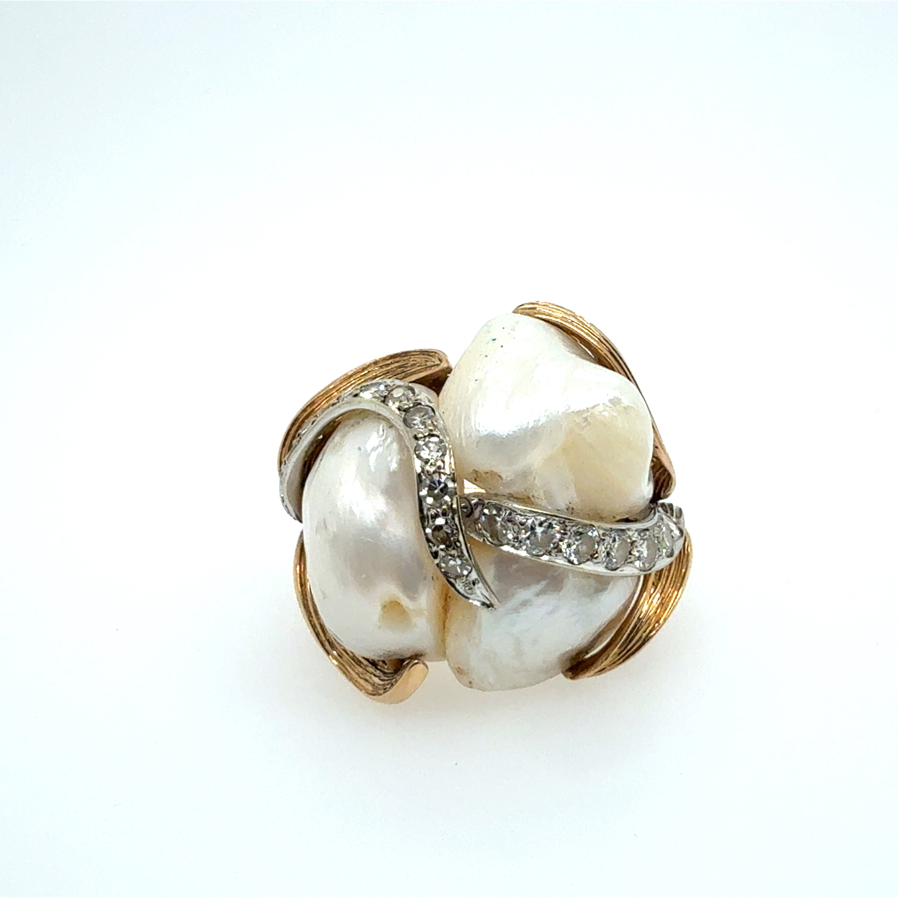 Retro Yellow Gold 0.75 Carat Natural Diamond and Pearl Cocktail Ring Circa 1960