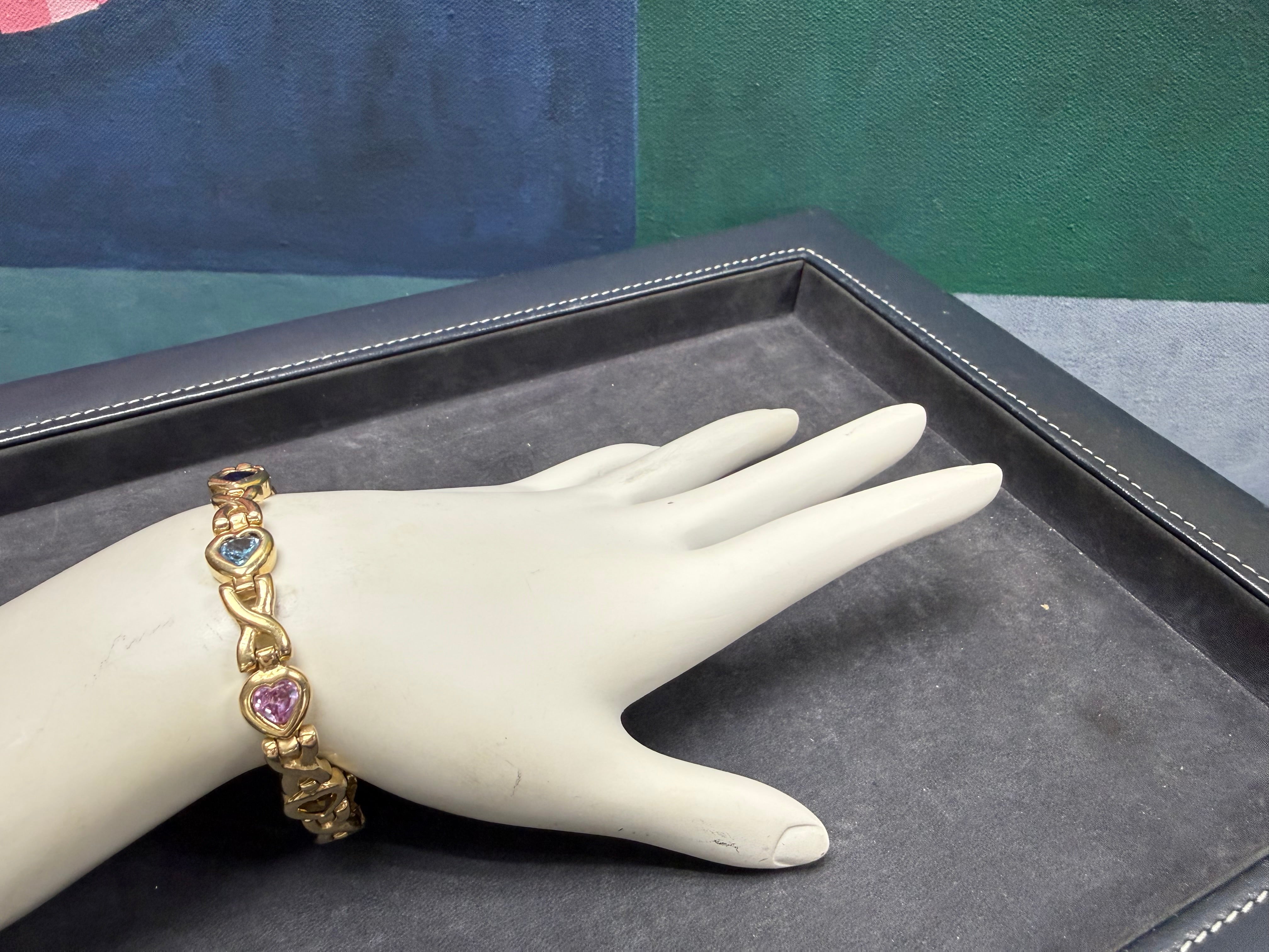 Retro 14K Yellow Gold Natural Multicolor Gem Heart Statement Bracelet Circa 1980