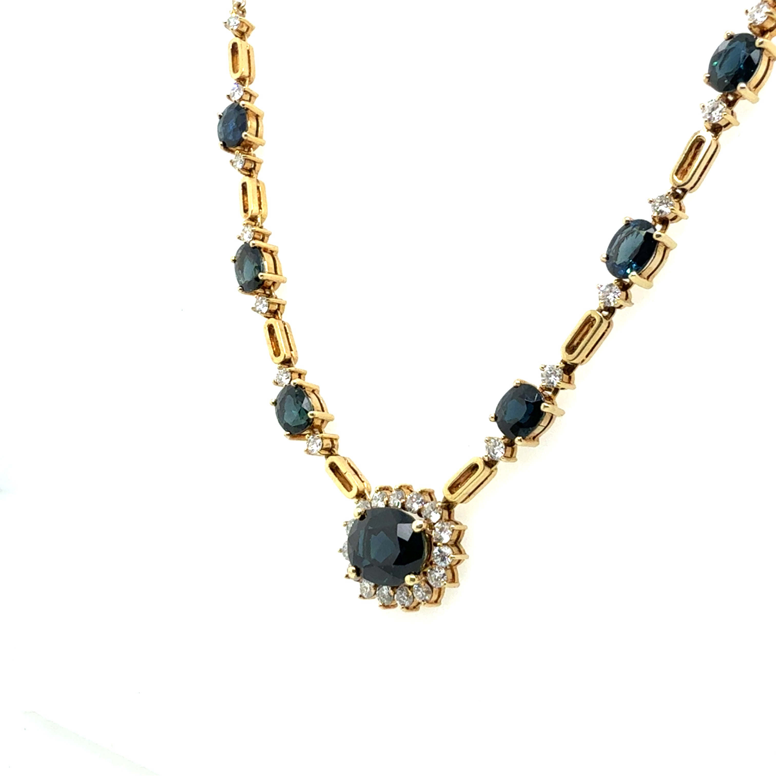 Retro Gold 7.55 Carat Natural Diamond & Royal Blue Sapphire Statement Necklace