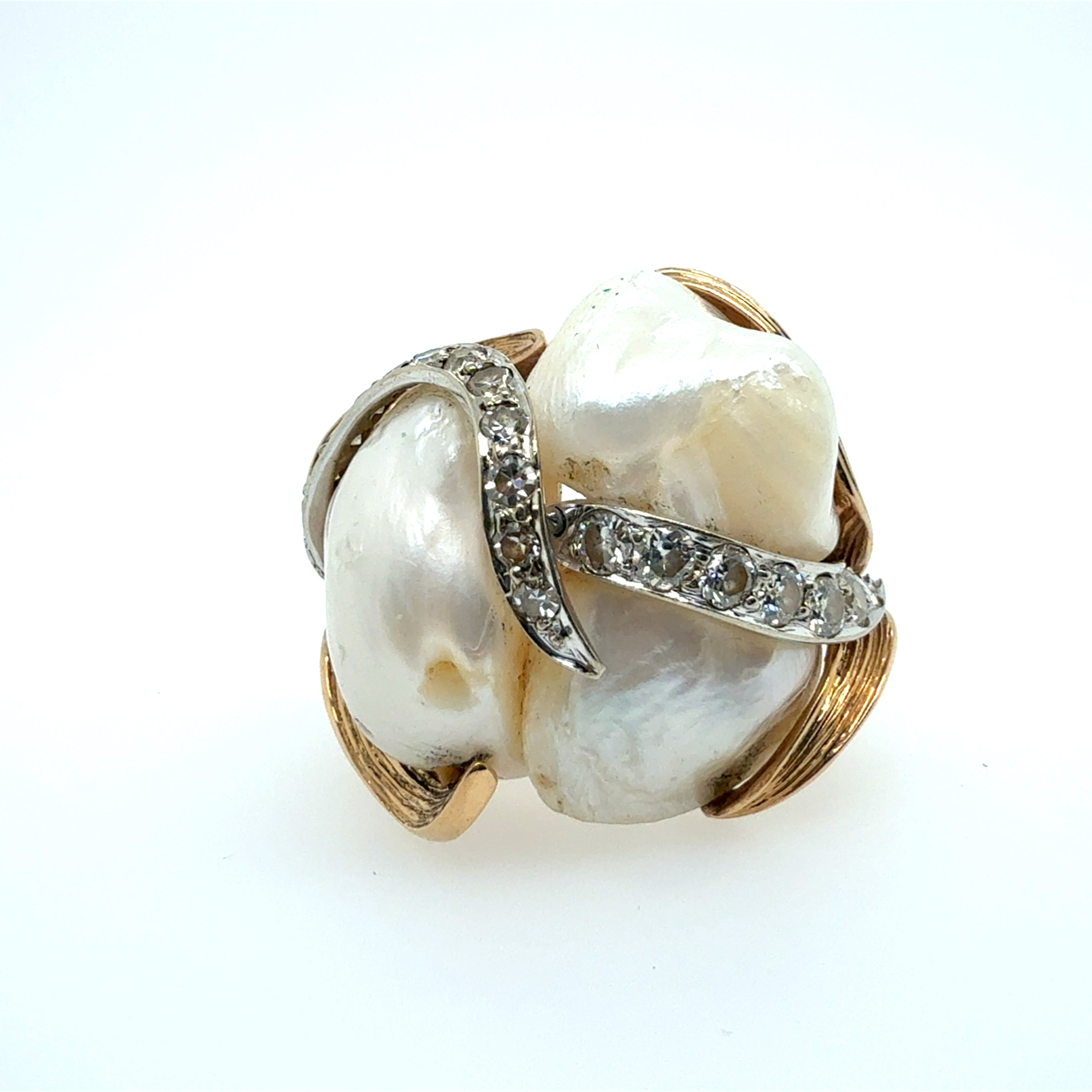 Retro Yellow Gold 0.75 Carat Natural Diamond and Pearl Cocktail Ring Circa 1960