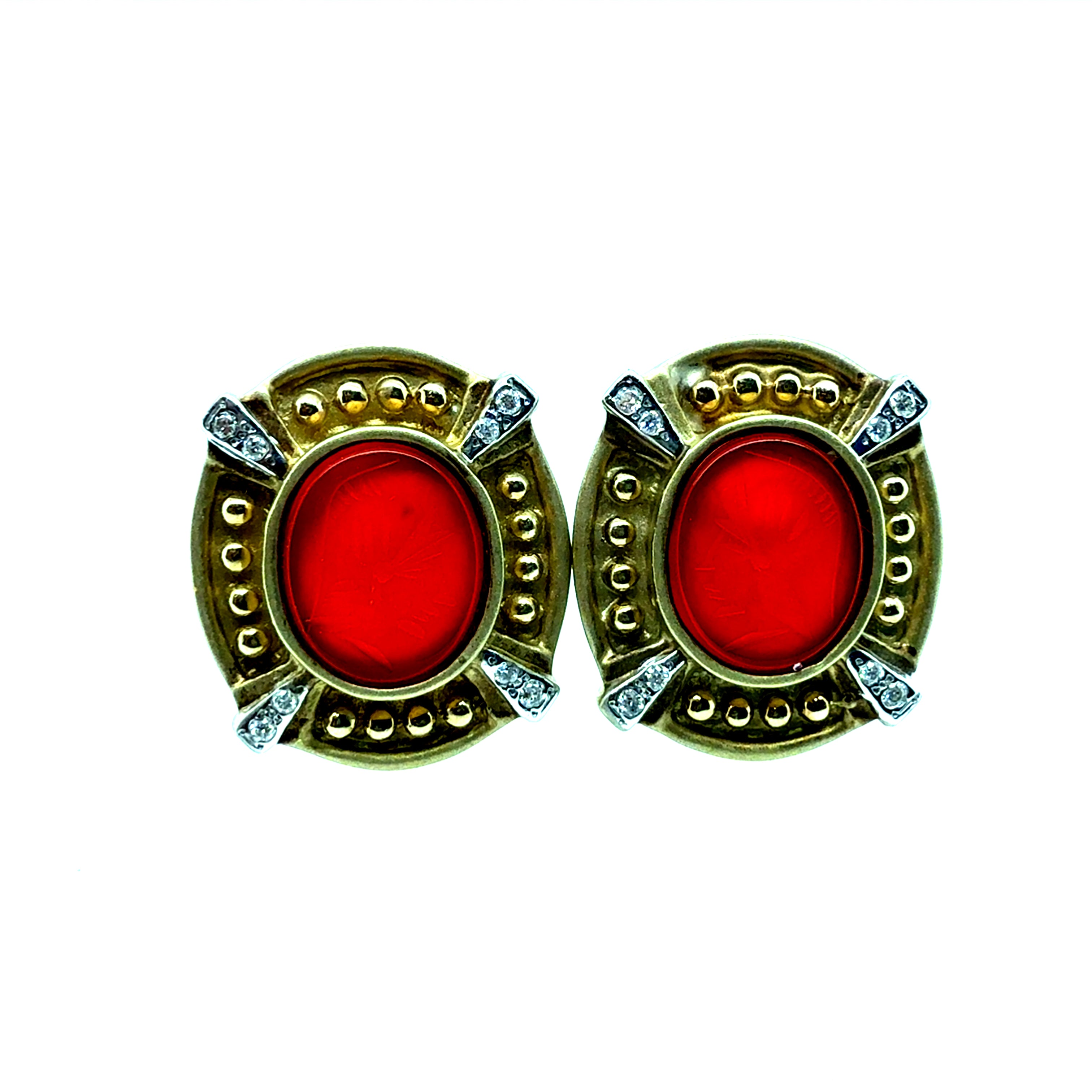 Retro Gold Natural Diamond and Roman Carnelian Intaglio Statement Earrings