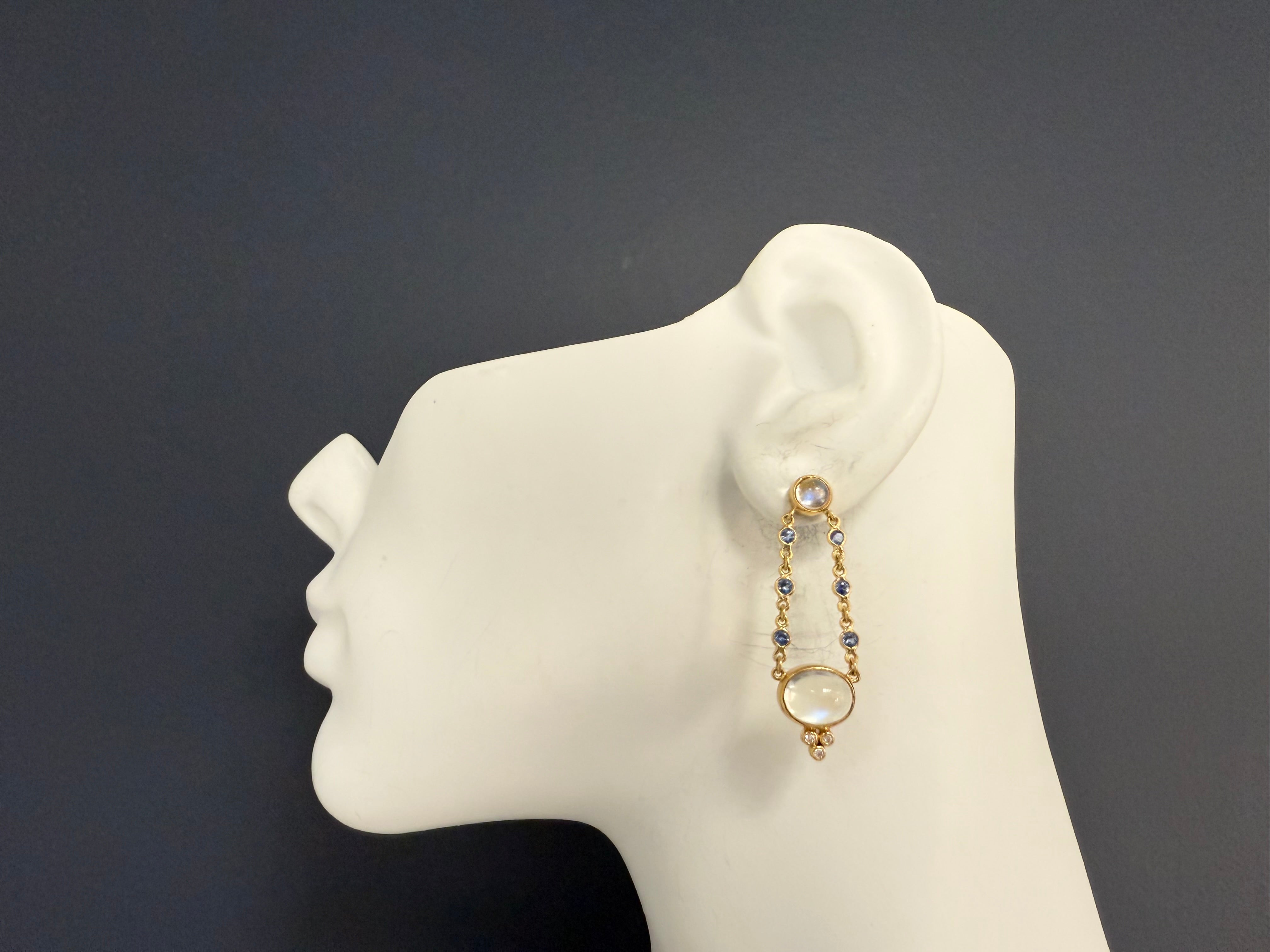 Retro Gold Moonstone CAB, Tanzanite & Natural Diamond Drop Earrings 1980