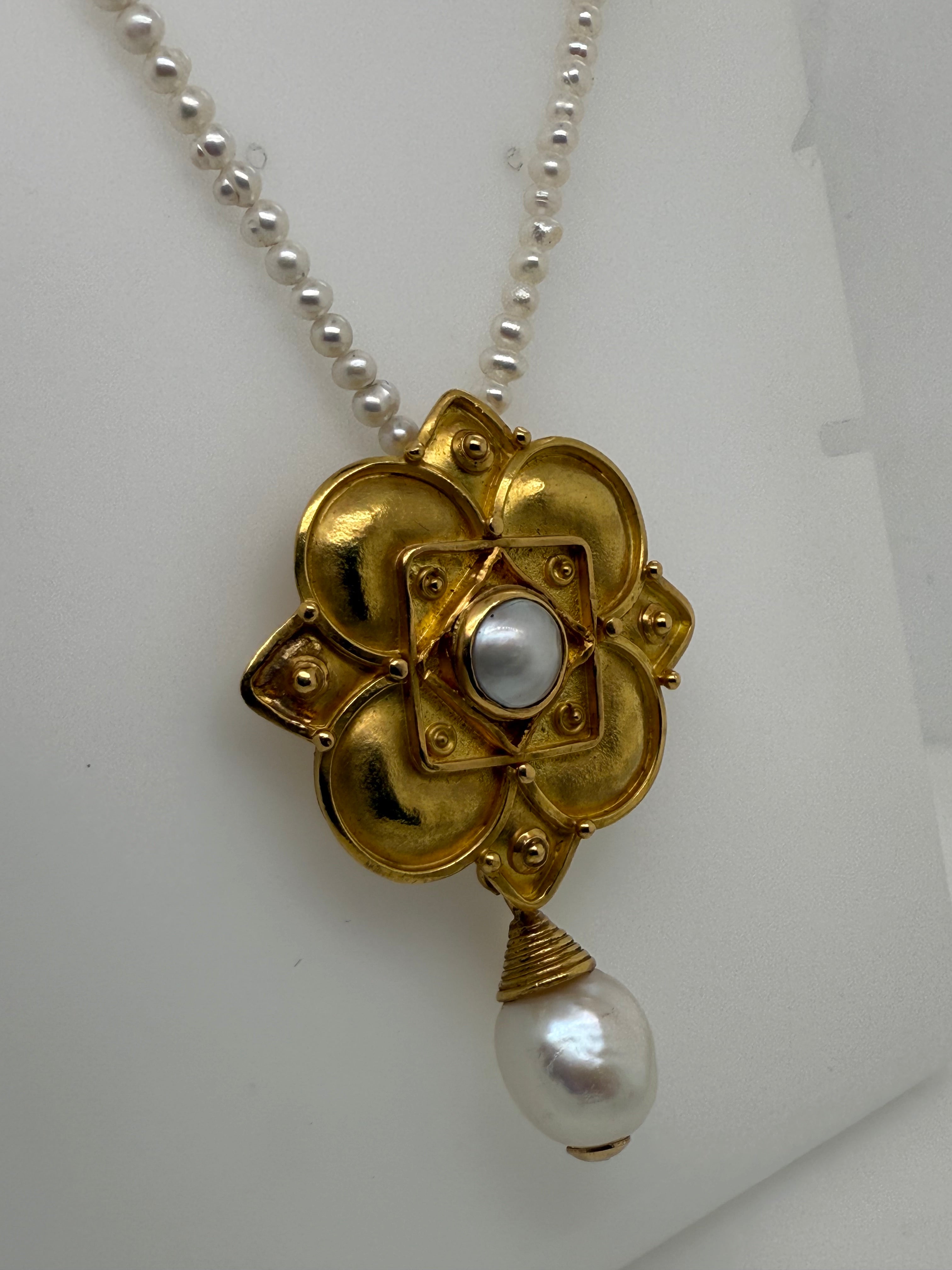 Retro 21K Gold Cultured Pearl Pendant Necklace Made in Italy Stamped 850
