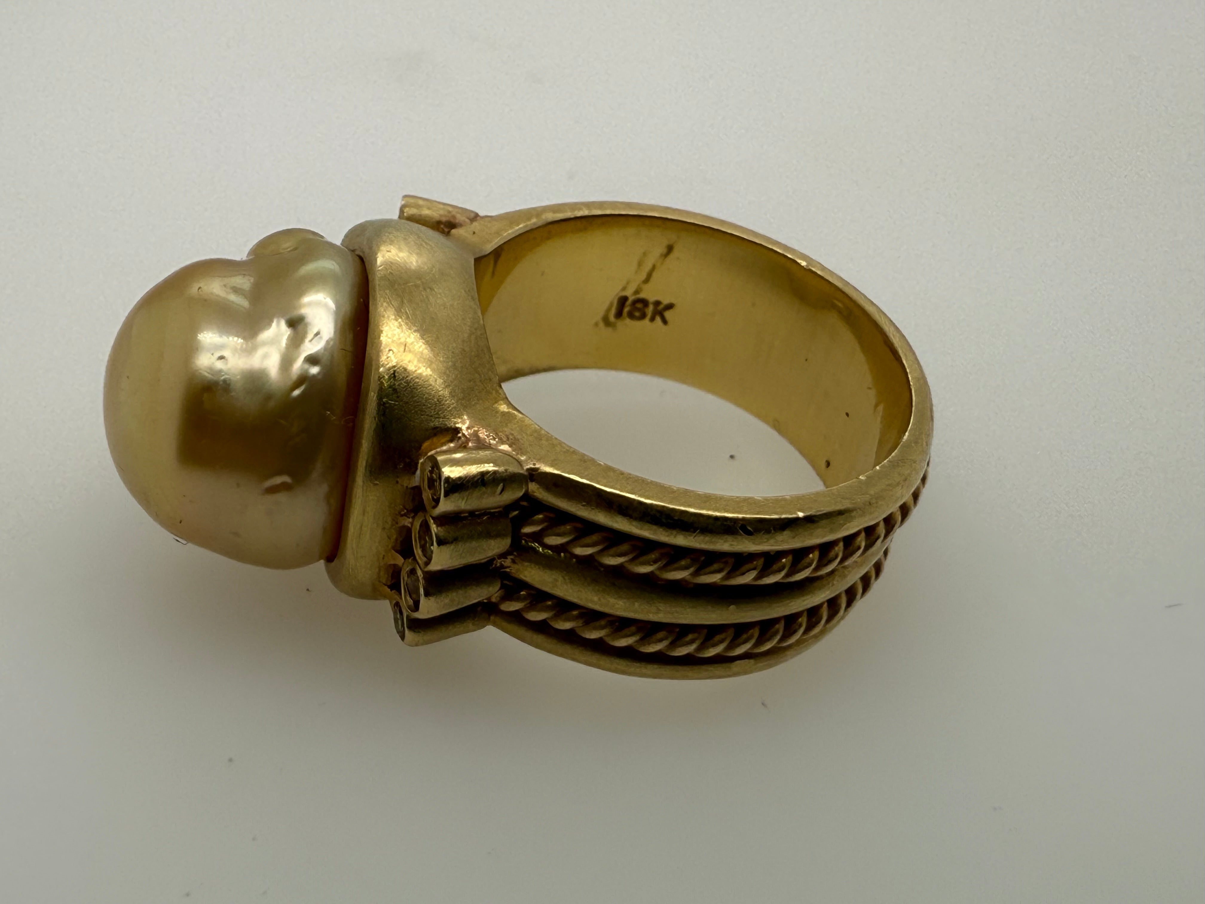 Retro Gold Natural Vivid Yellow Diamond & Golden South Sea Pearl Ring Circa 1990