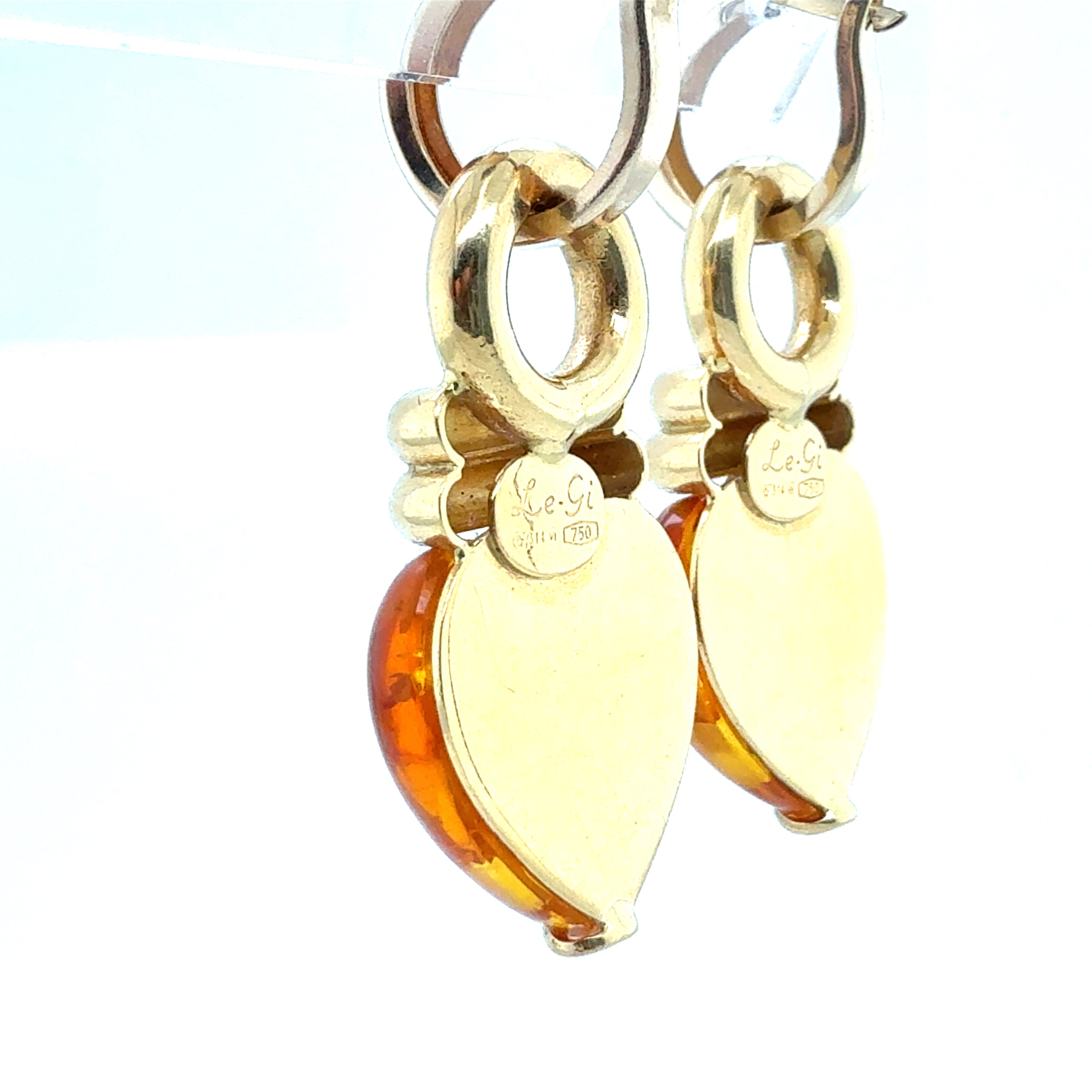 Retro 18K Yellow Gold Heart-Shaped Amber Drop Earrings by Le-Gi