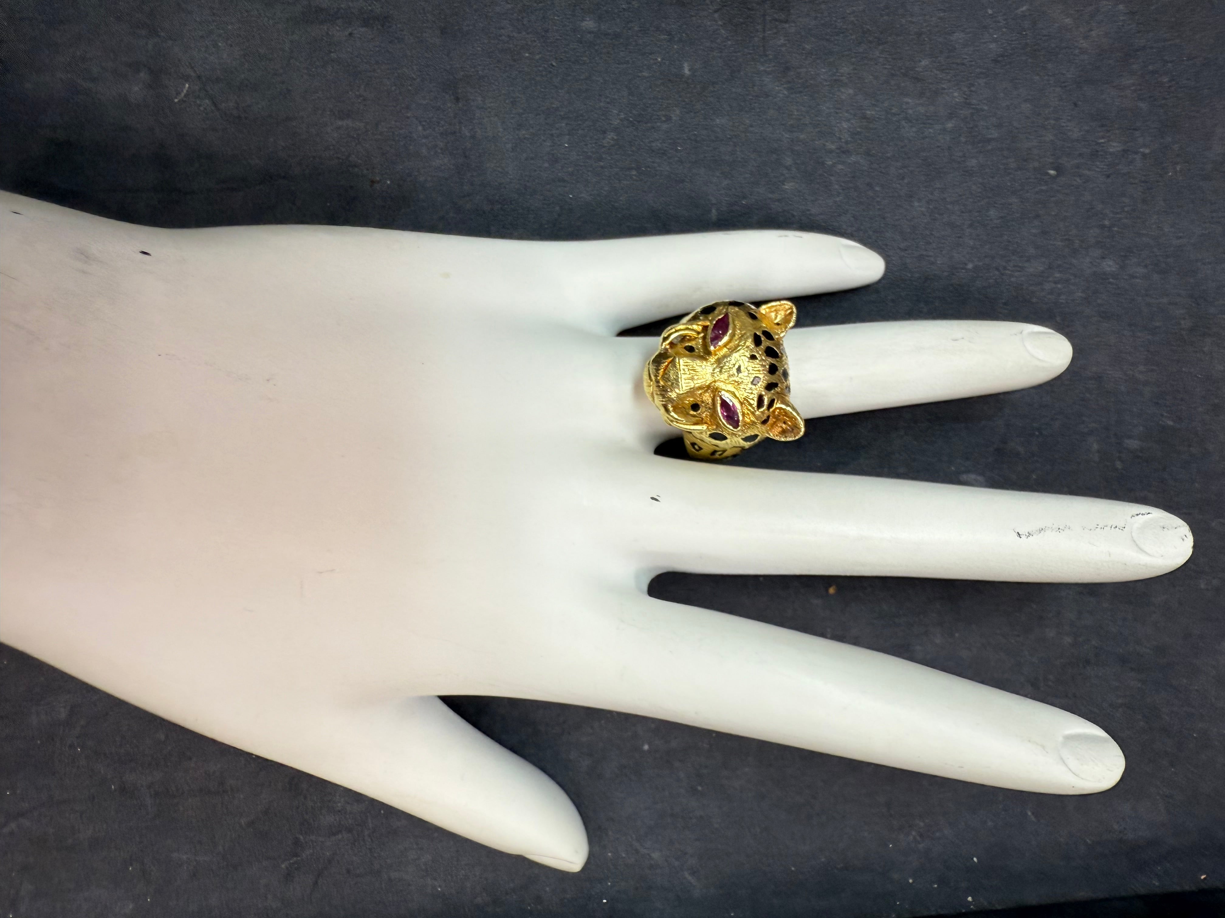 Retro Gold Natural Ruby Eyes Leopard Statement Ring Made in Italy Circa 1990
