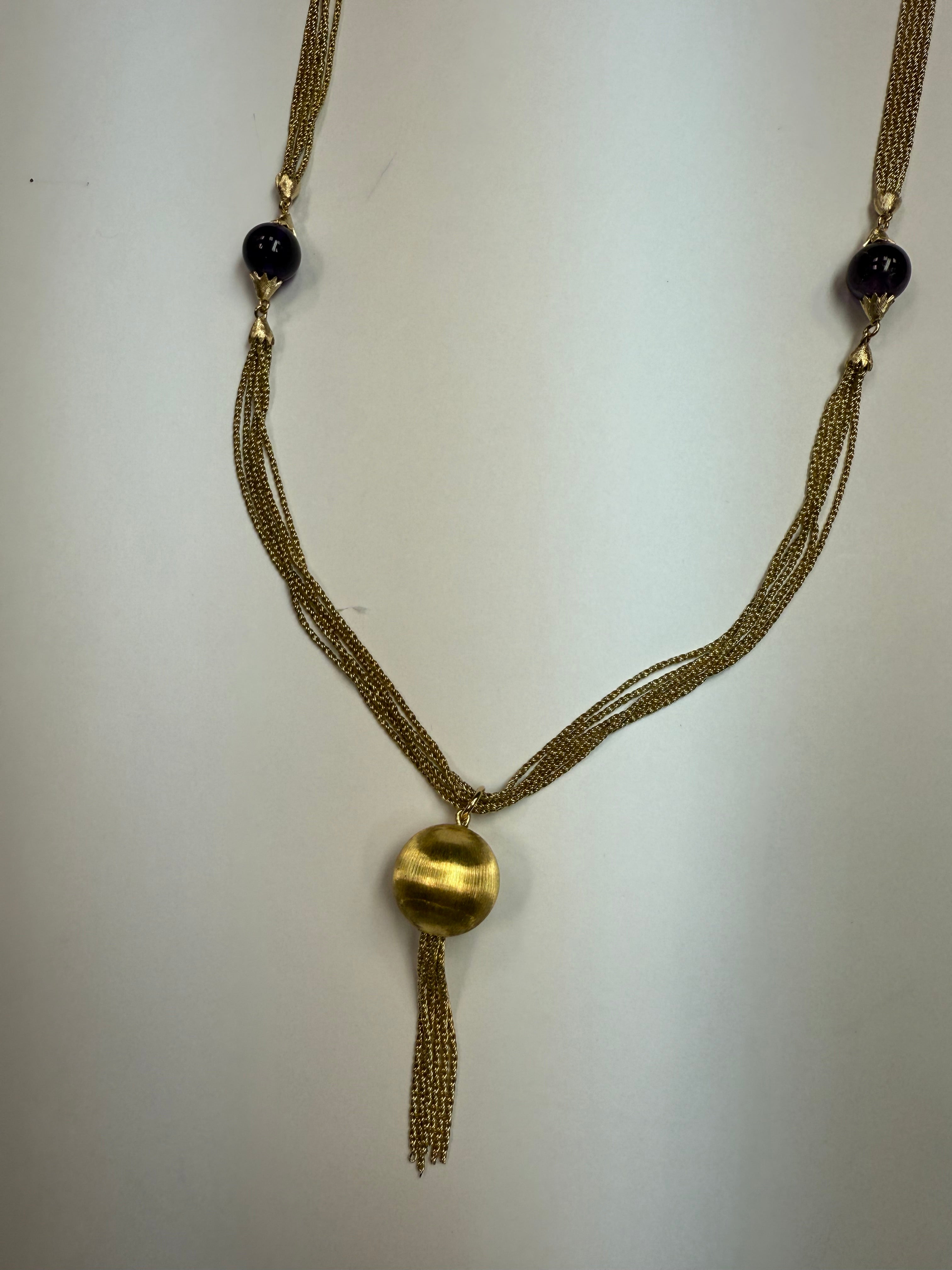 Retro 18K Gold Five Strand Amethyst Opera Necklace Circa 1970