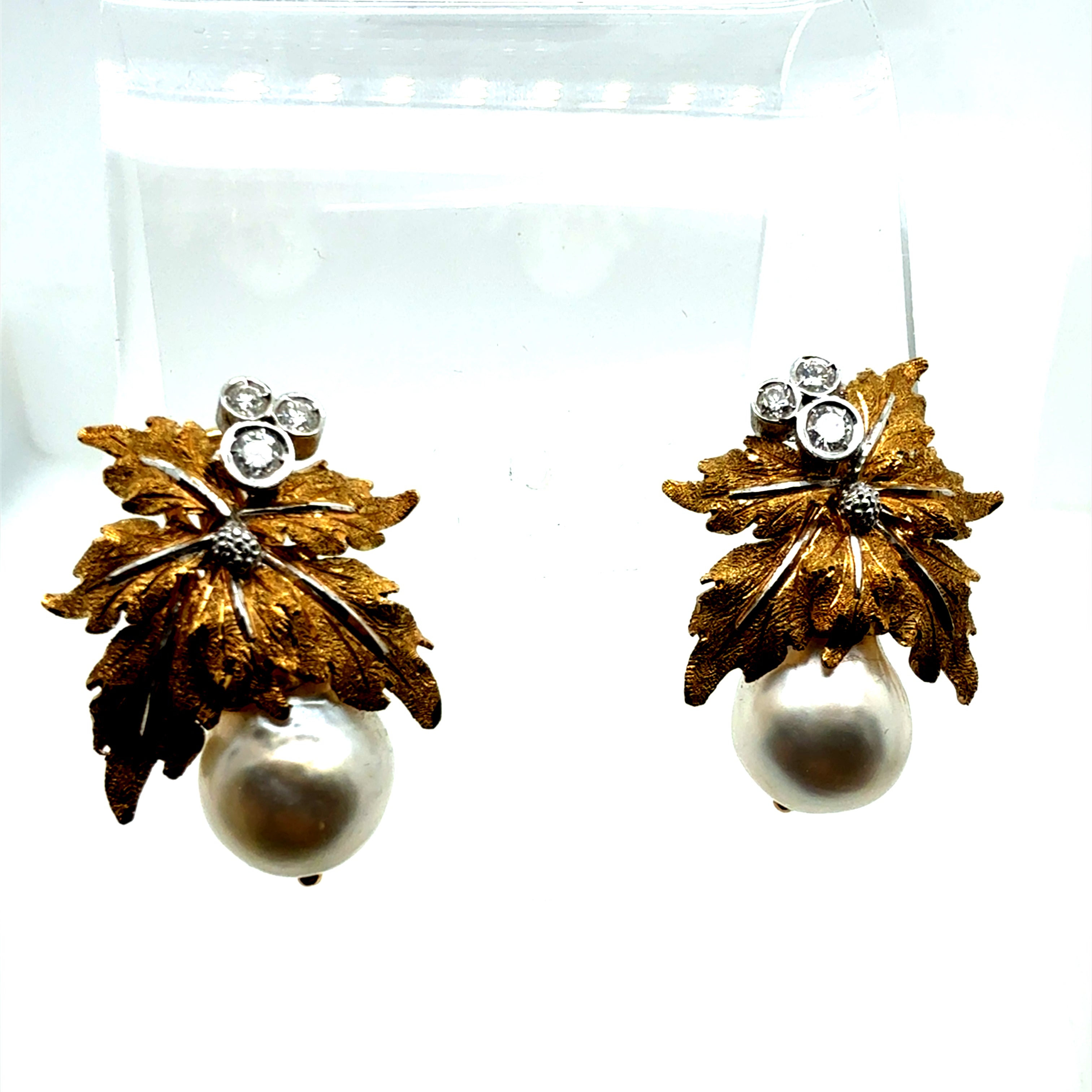 Retro Gold Natural Diamond and 11mm Pearl Leaf Earrings, Circa 1970