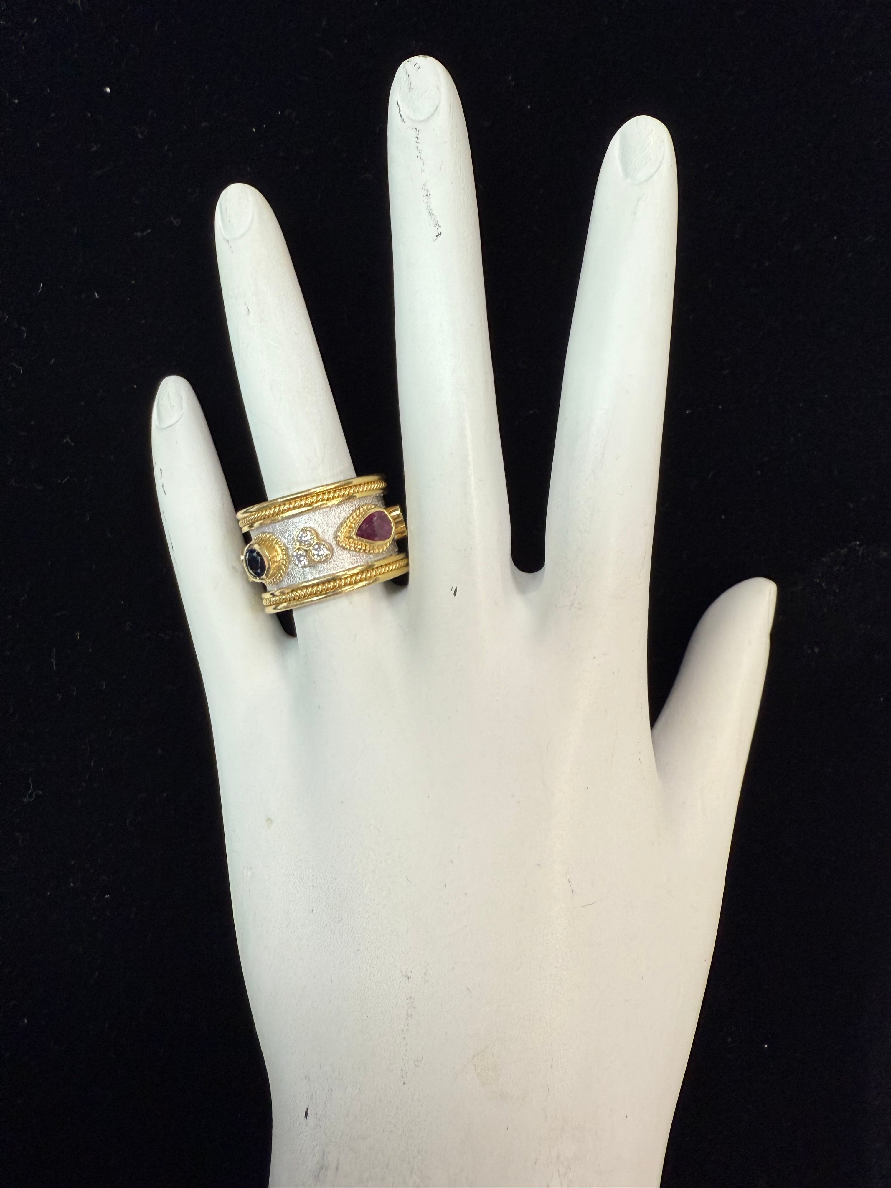 Retro Two-Tone Gold Natural Multi Color Gem & Diamond Statement Band