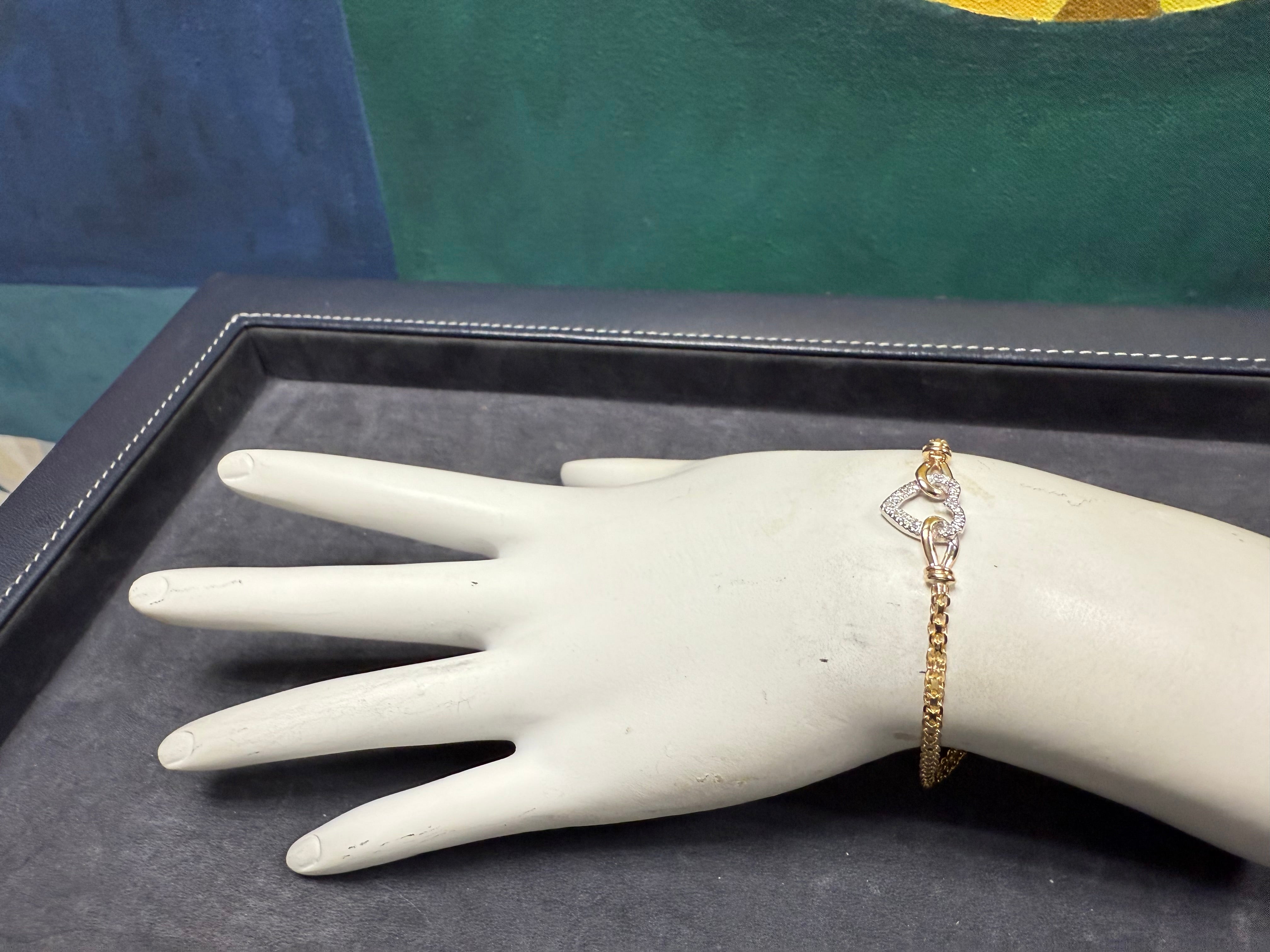 Retro 14K Two Tone Gold Natural Diamond Heart Bracelet Circa 1980