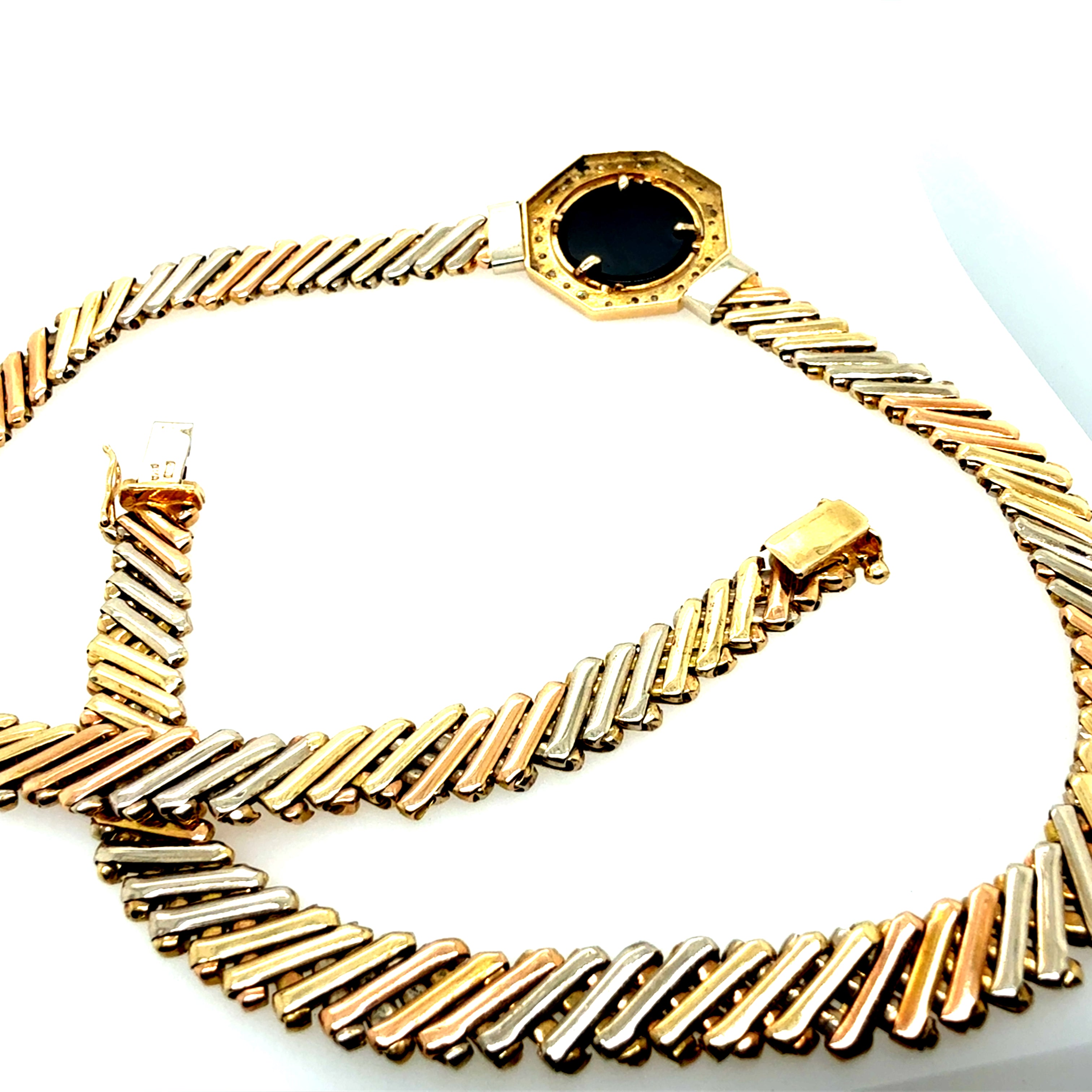 Retro Gold Tri-Color 0.75 CT Diamond and Onyx Statement Necklace Circa 1970