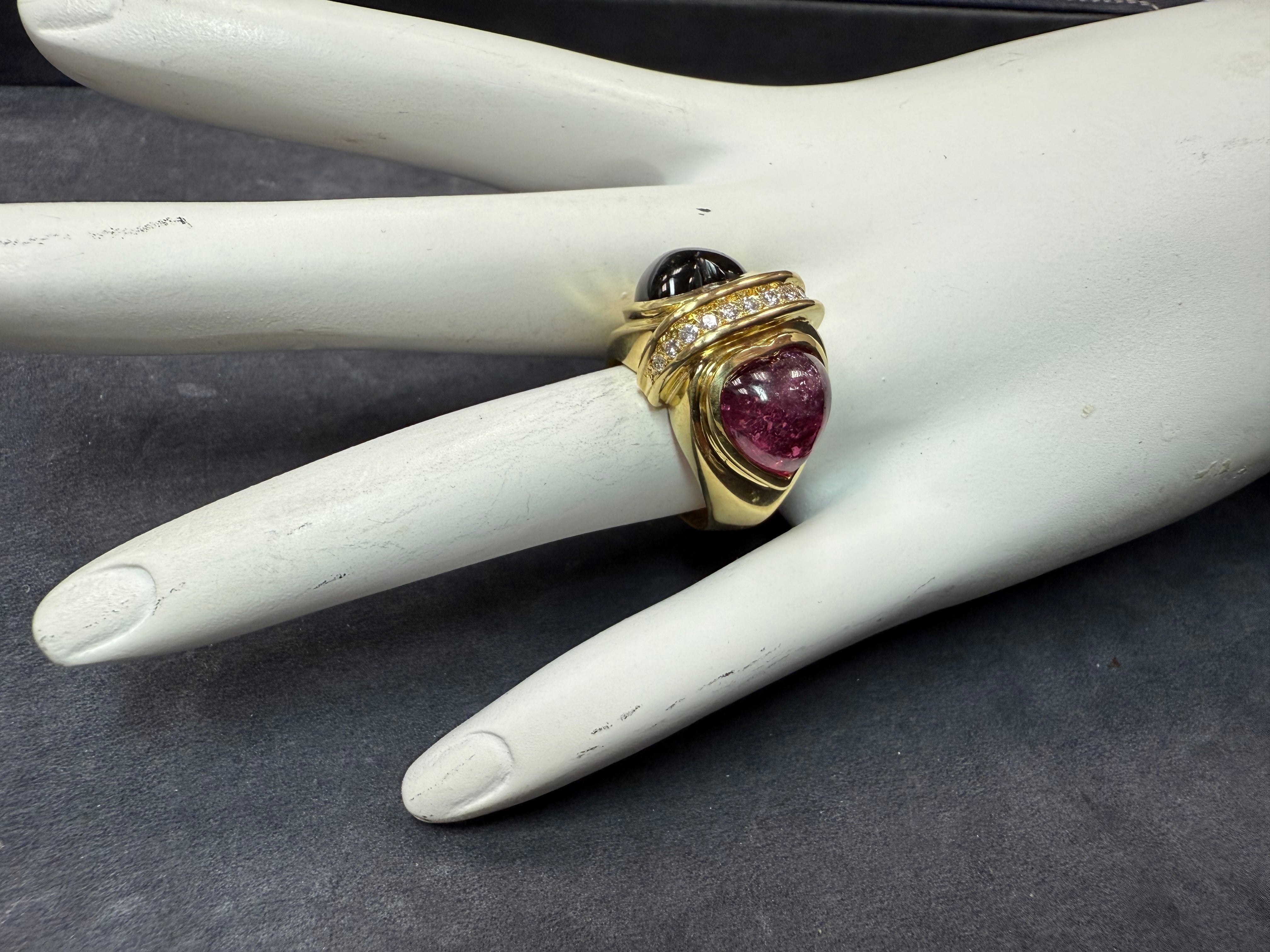 Retro Gold Natural Diamond & Tourmaline Cabochon Statement Ring Circa 1970