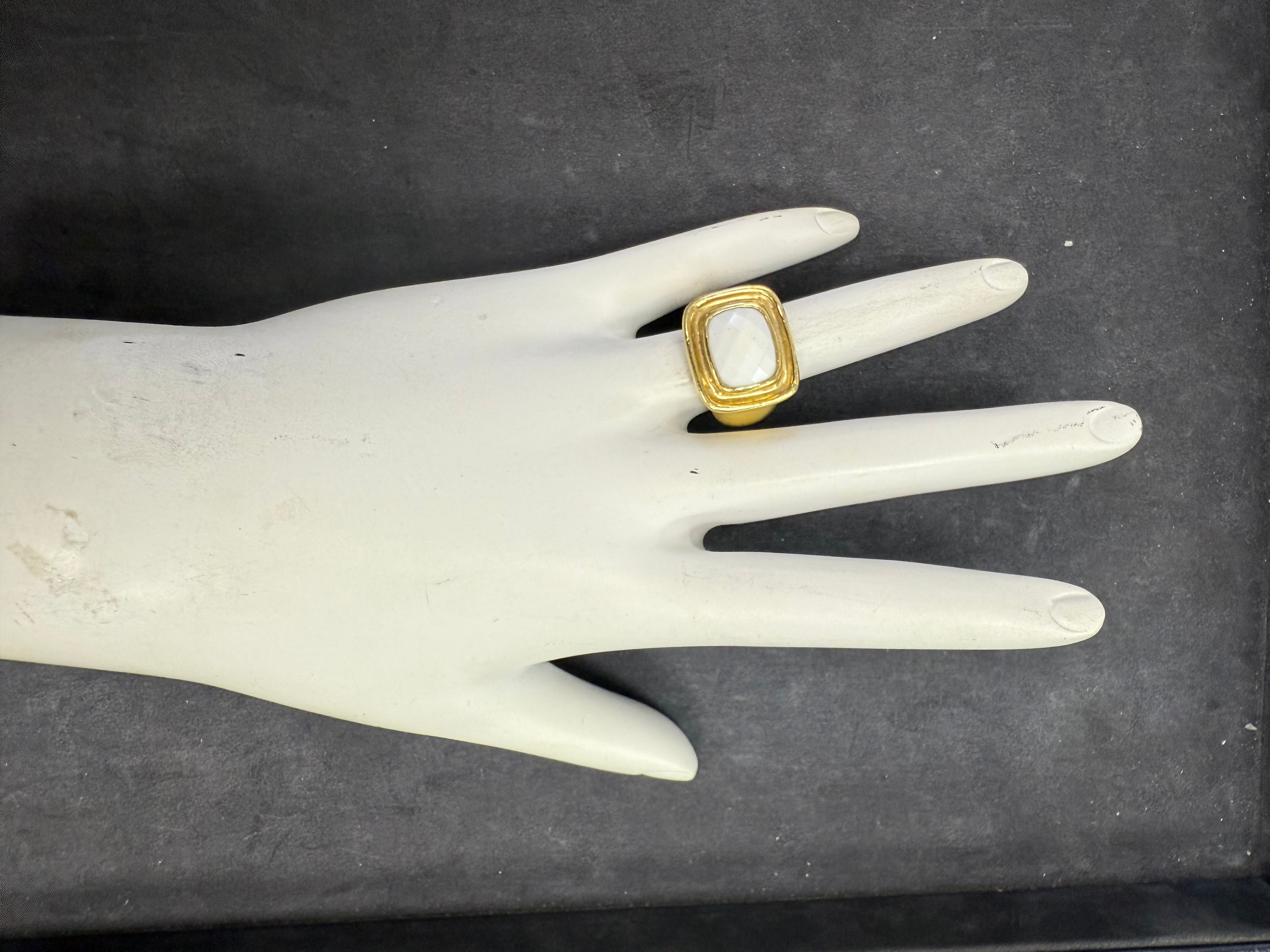 Retro Yellow Gold White Rose Cut Coral Bold Statement Ring Circa 1980