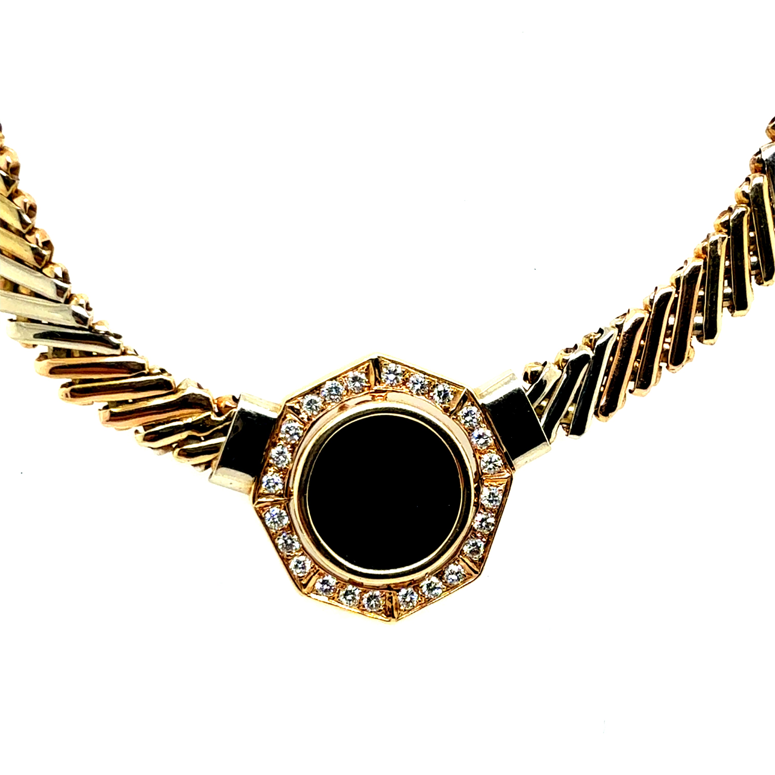 Retro Gold Tri-Color 0.75 CT Diamond and Onyx Statement Necklace Circa 1970