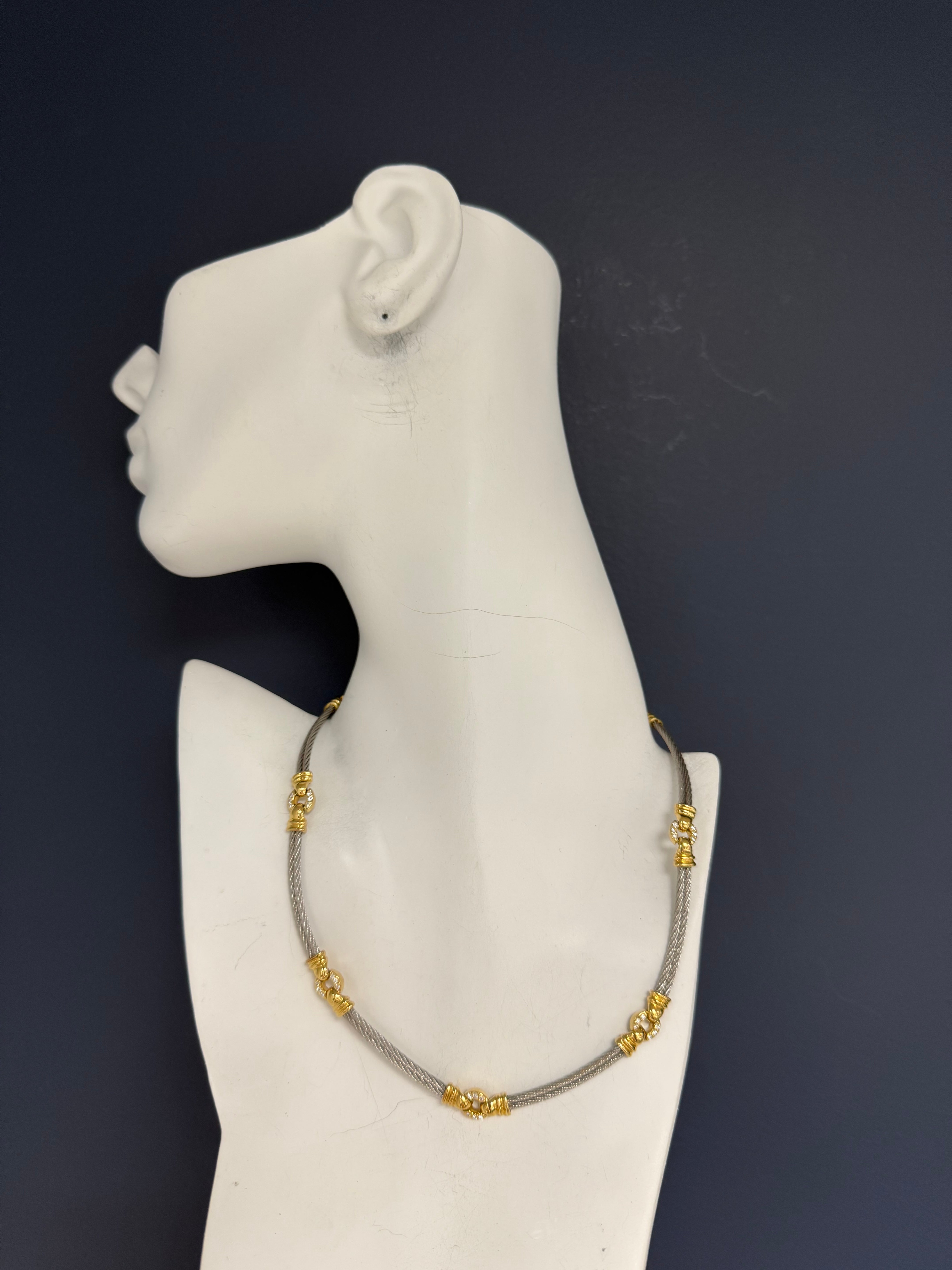 Retro Gold & Steel 0.6 Carat Natural Diamond Statement Necklace Circa 1985
