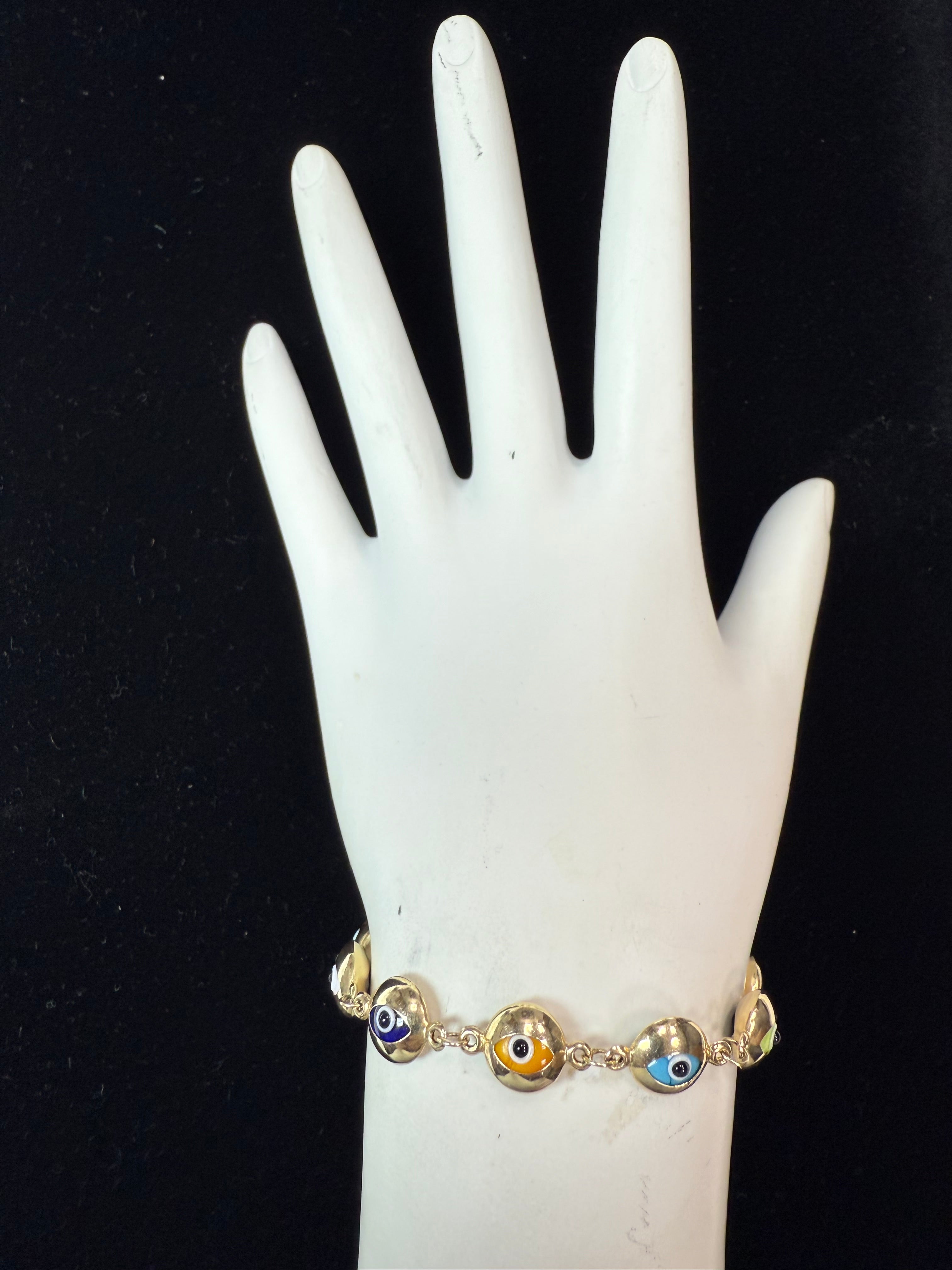 Elegant 14K Gold Lucky Eye Bracelet with Multicolor Details, 6.75” Long