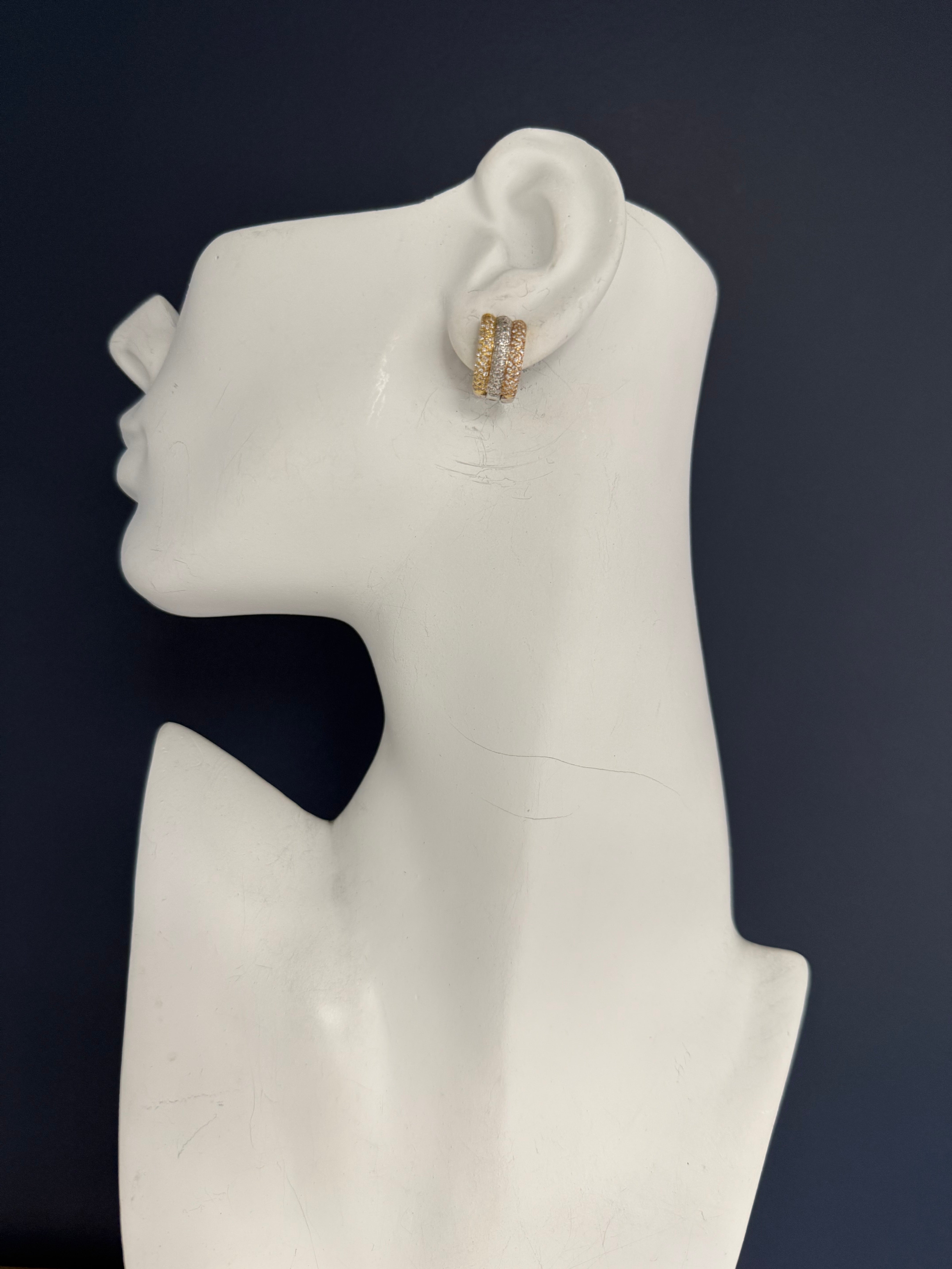 Modern Gold Tricolor Huggie Earrings with 1.50ct Natural Diamonds