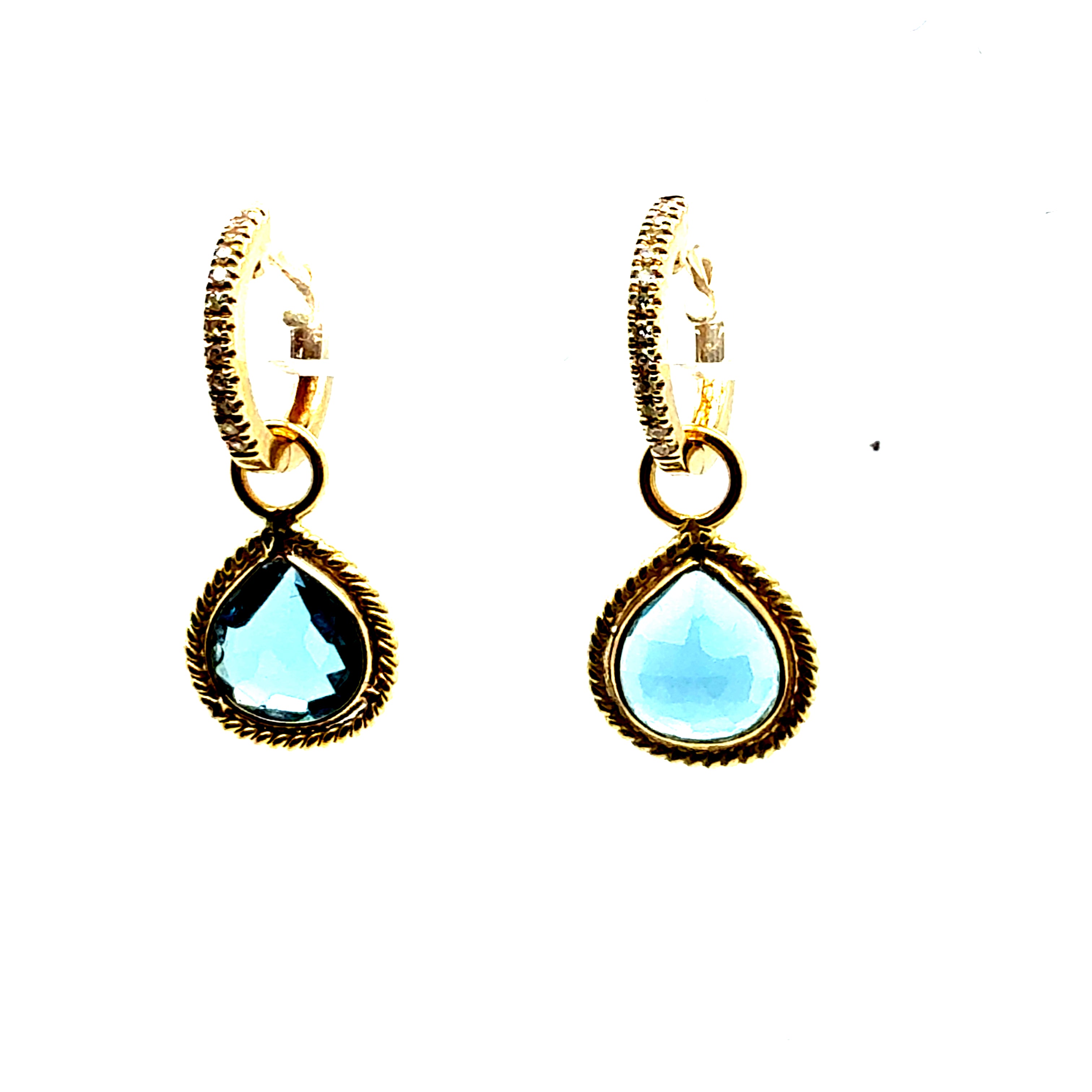 Retro Gold Natural Rose Cut London Blue Topaz & Diamond Drop Enhancer Earrings