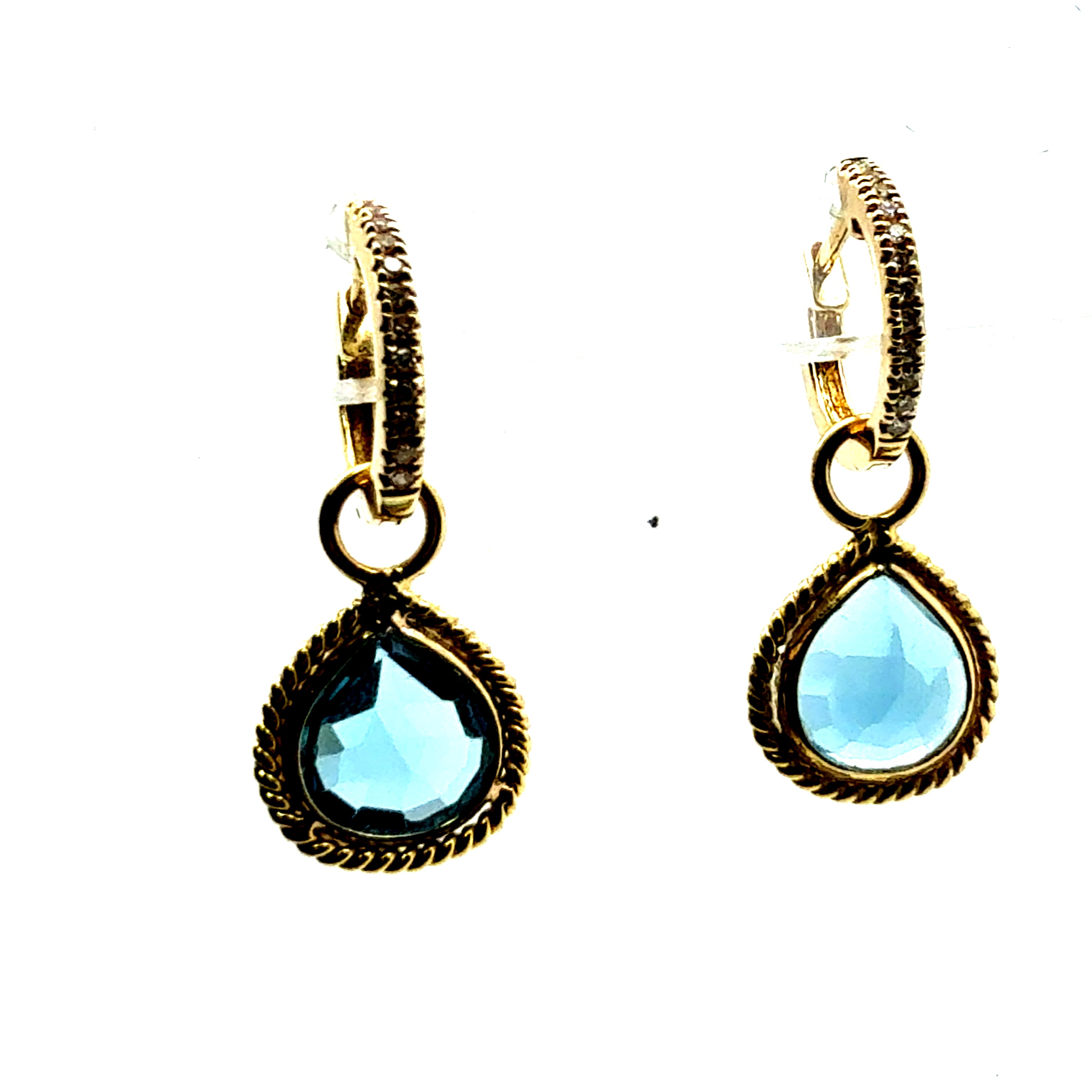 Retro Gold Natural Rose Cut London Blue Topaz & Diamond Drop Enhancer Earrings