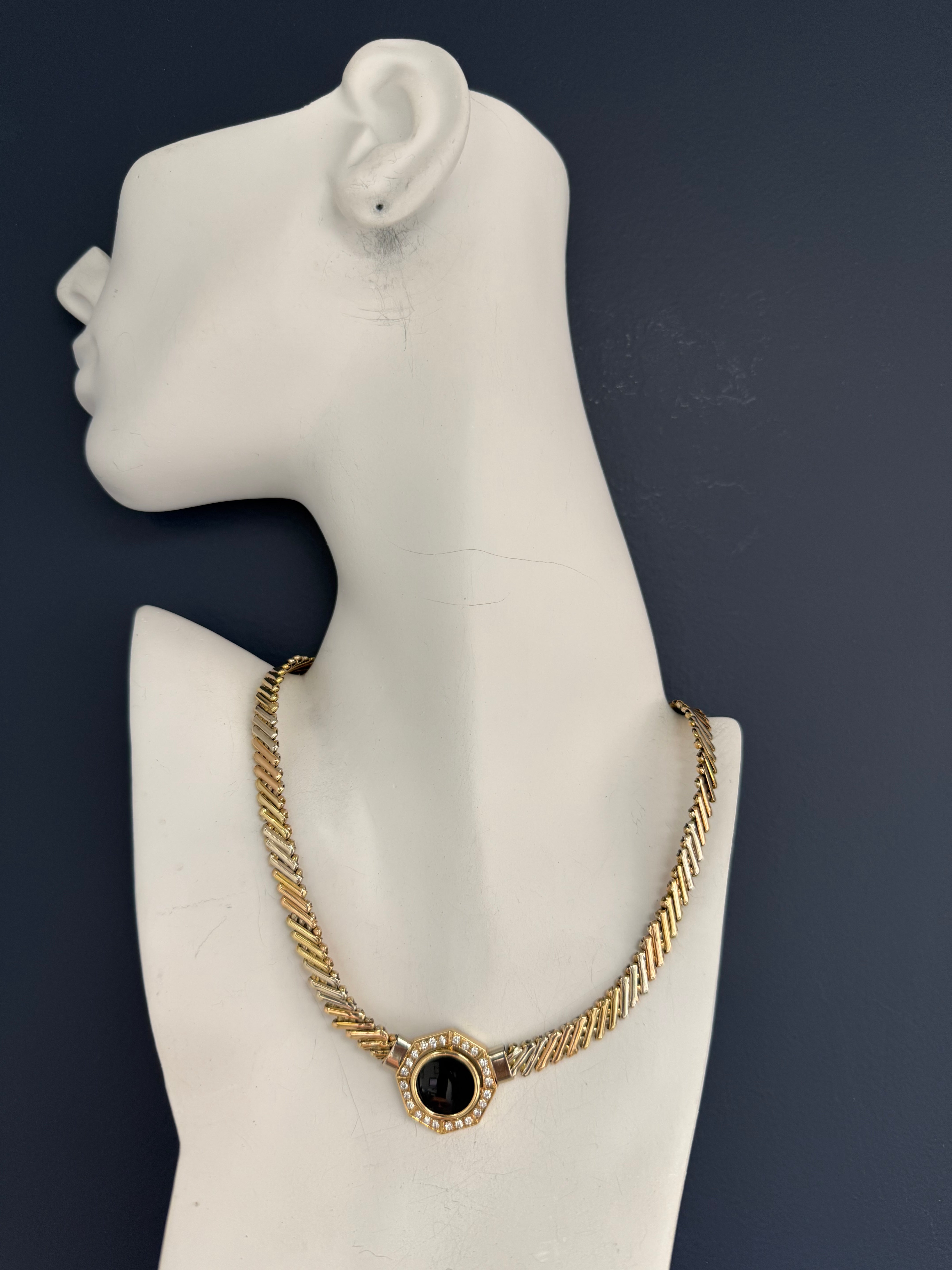 Retro Gold Tri-Color 0.75 CT Diamond and Onyx Statement Necklace Circa 1970