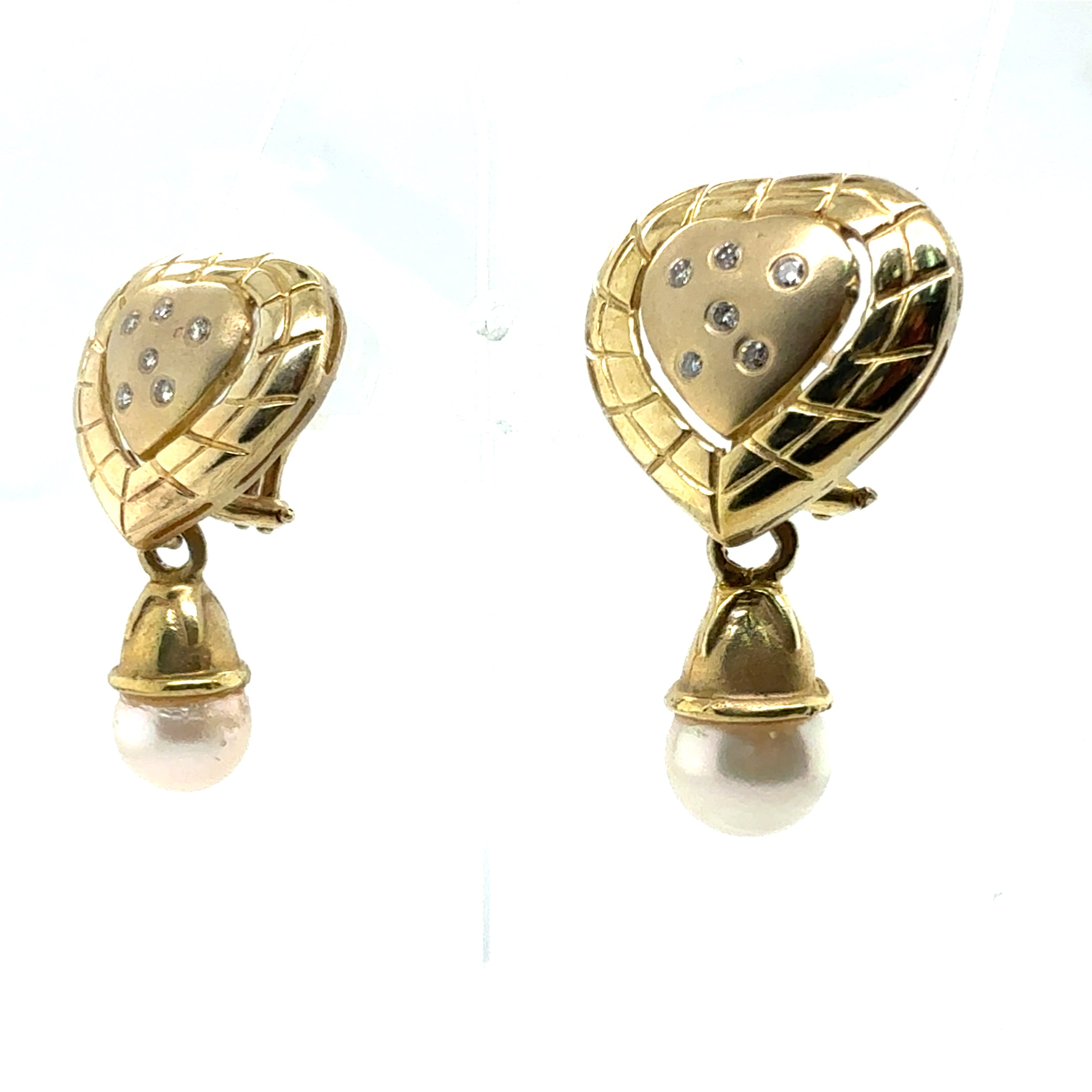 Retro Gold Natural Diamond & Pearl Heart Drop Statement Earrings Circa 1990