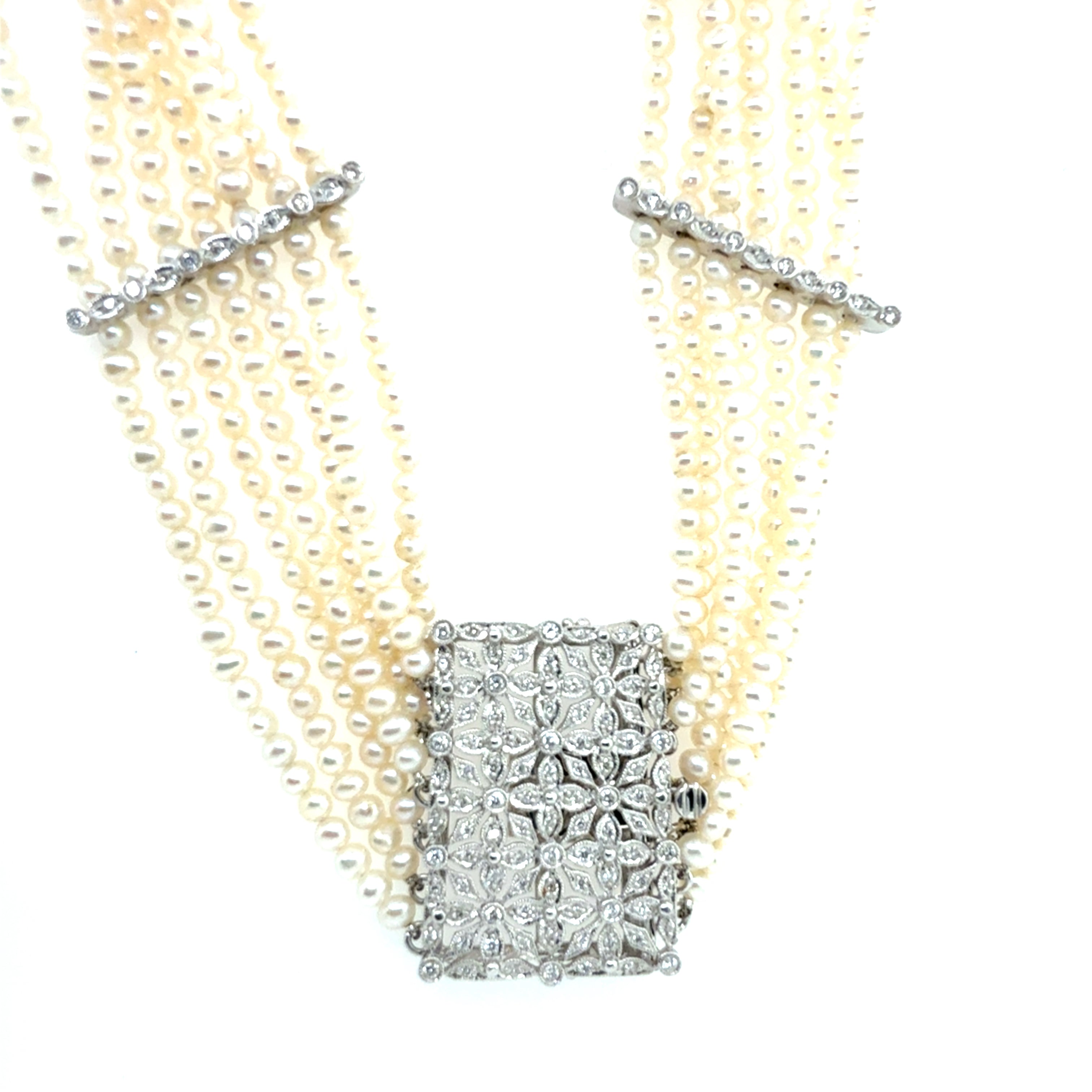 Retro Gold 7 Strand Pearl & 0.80 Carat Natural Diamond Choker Necklace 1985