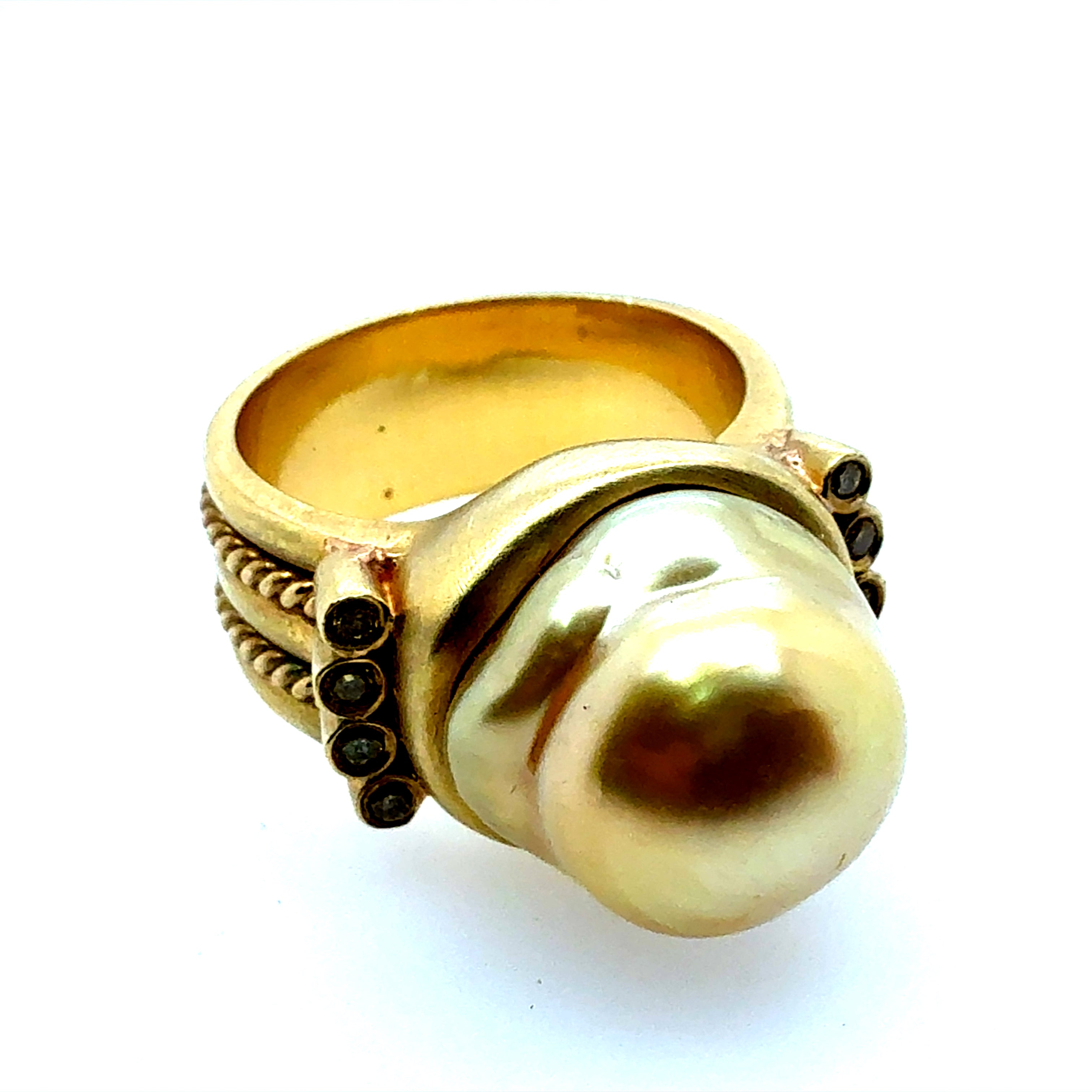 Retro Gold Natural Vivid Yellow Diamond & Golden South Sea Pearl Ring Circa 1990