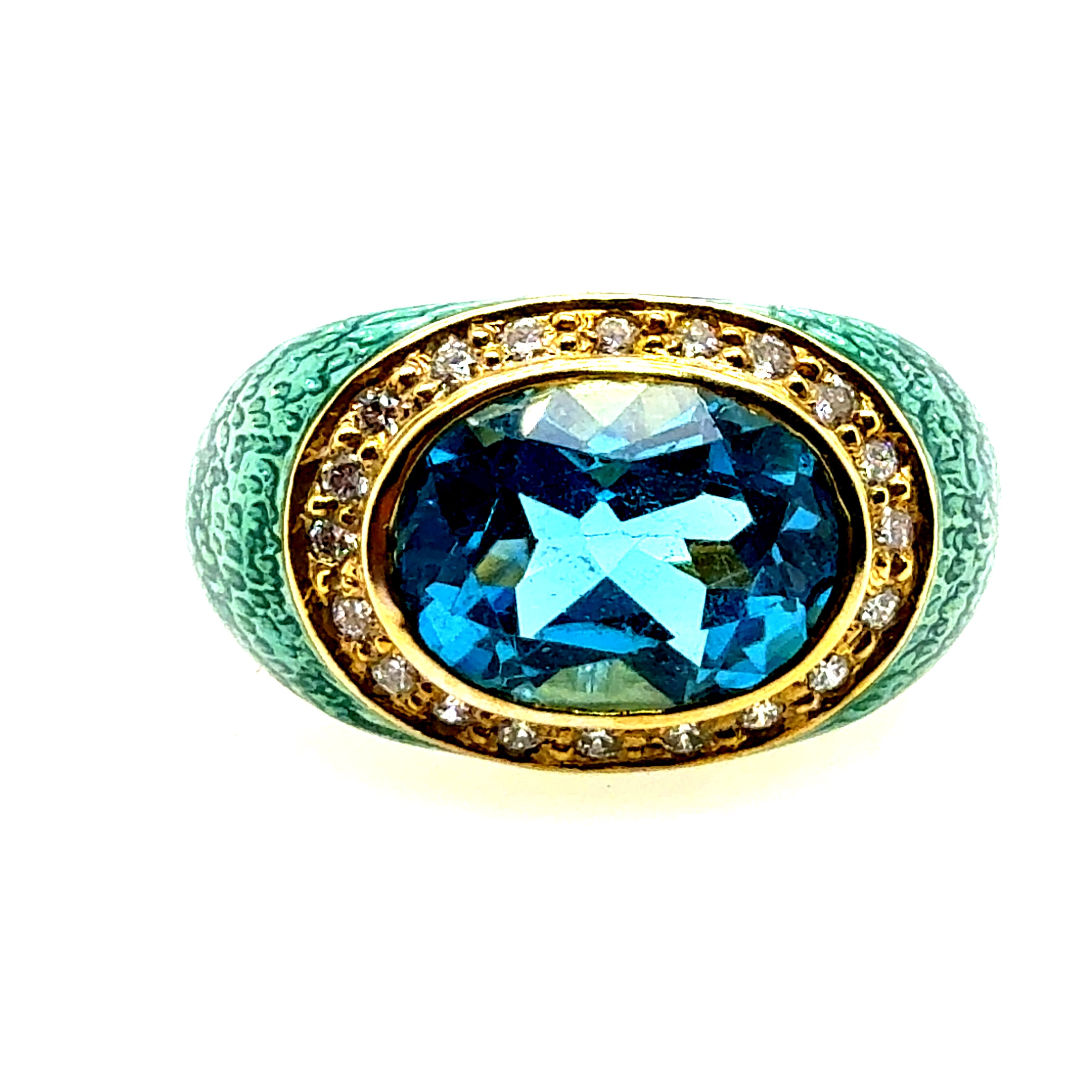 Modern Gold Natural Diamond, Blue Topaz & Enamel Statement Ring by Hidalgo