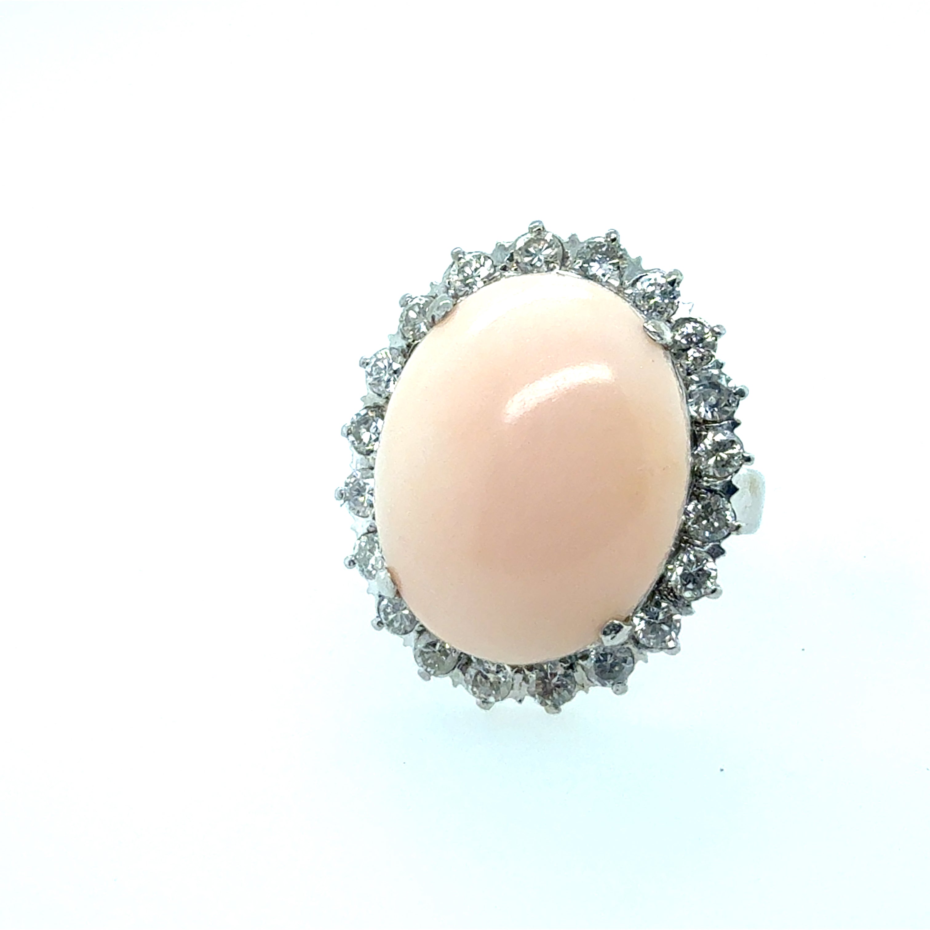 Retro White Gold Pink Coral & Natural Diamond Statement Ring Circa 1970