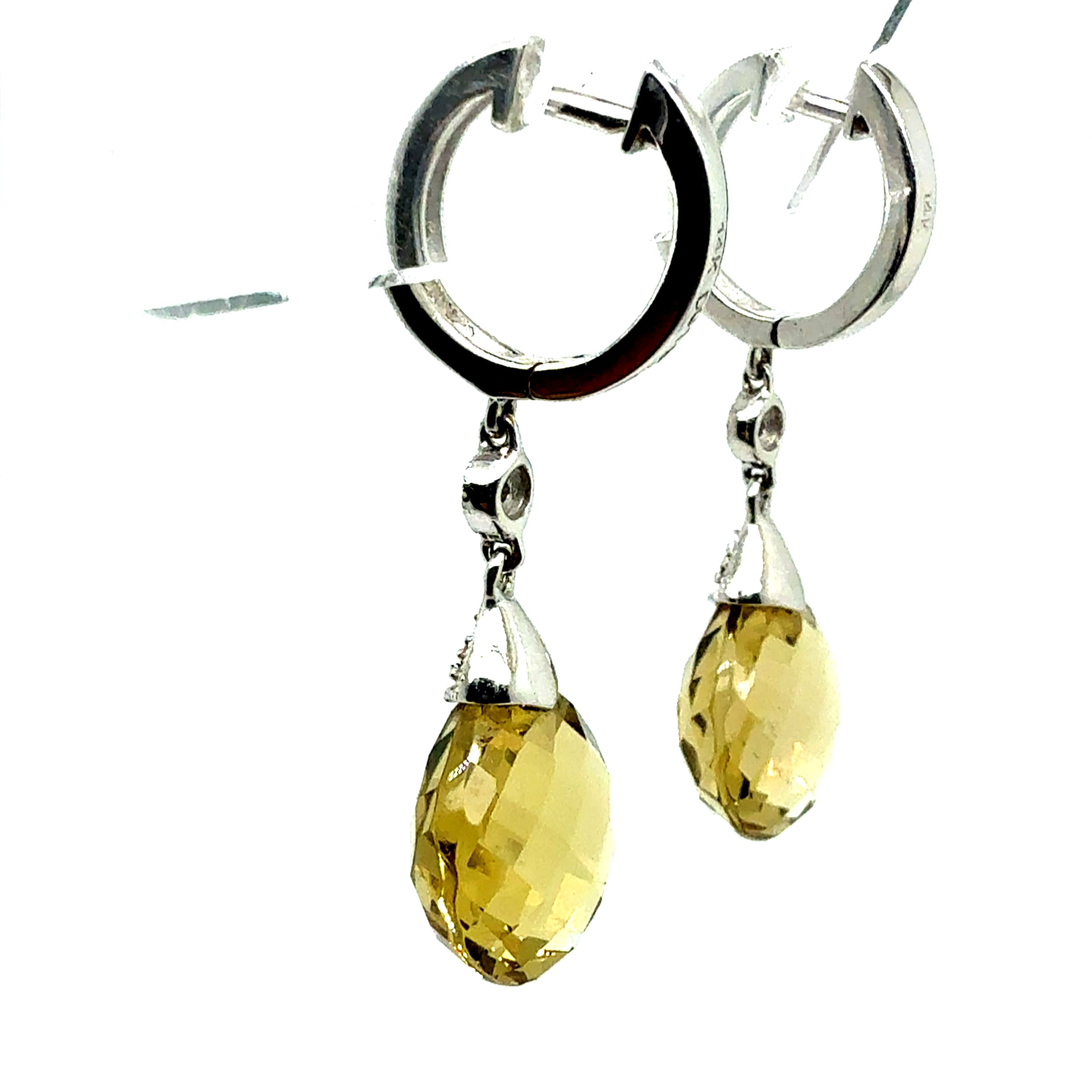 Modern 14K White Gold Rose-Cut Citrine Quartz and Natural Diamond Drop Earrings