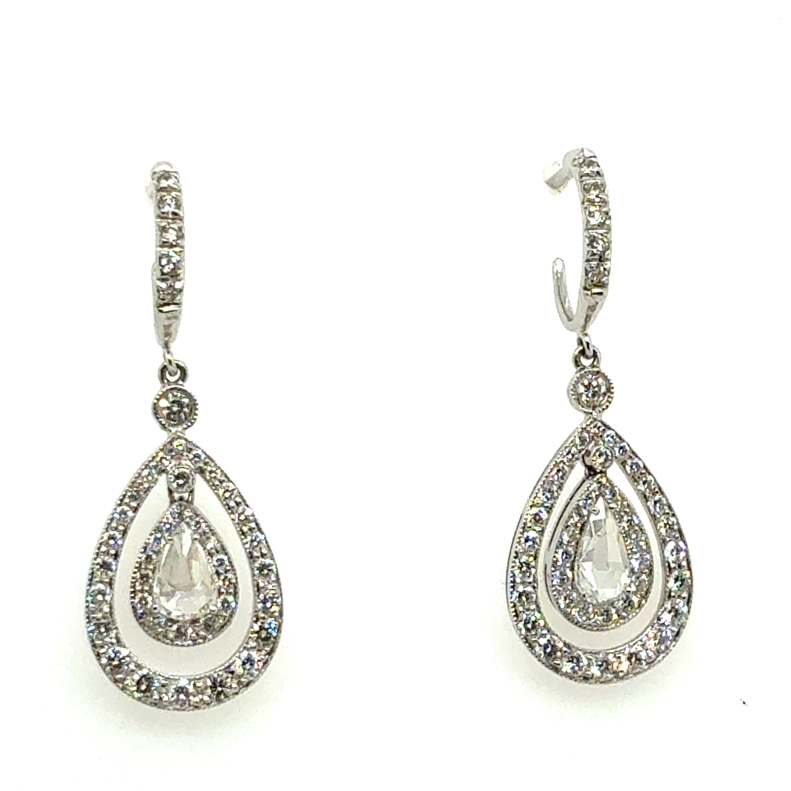 Modern Gold 1.5 Carat Natural Colorless Diamond Pear Rose Cut Drop Earrings