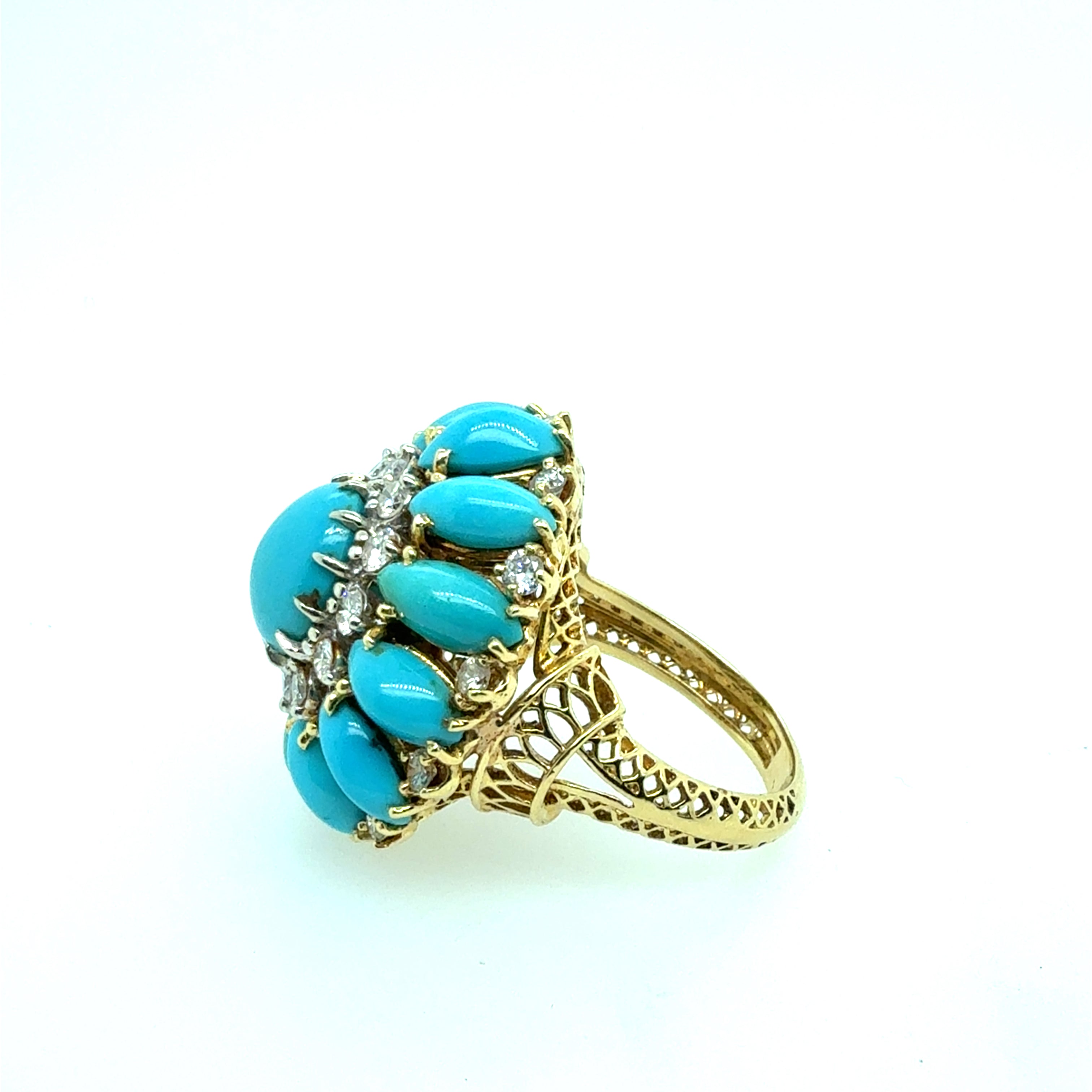 Retro Gold 1.1 CT Natural Diamond & Turquoise Cocktail Ring Circa 1960
