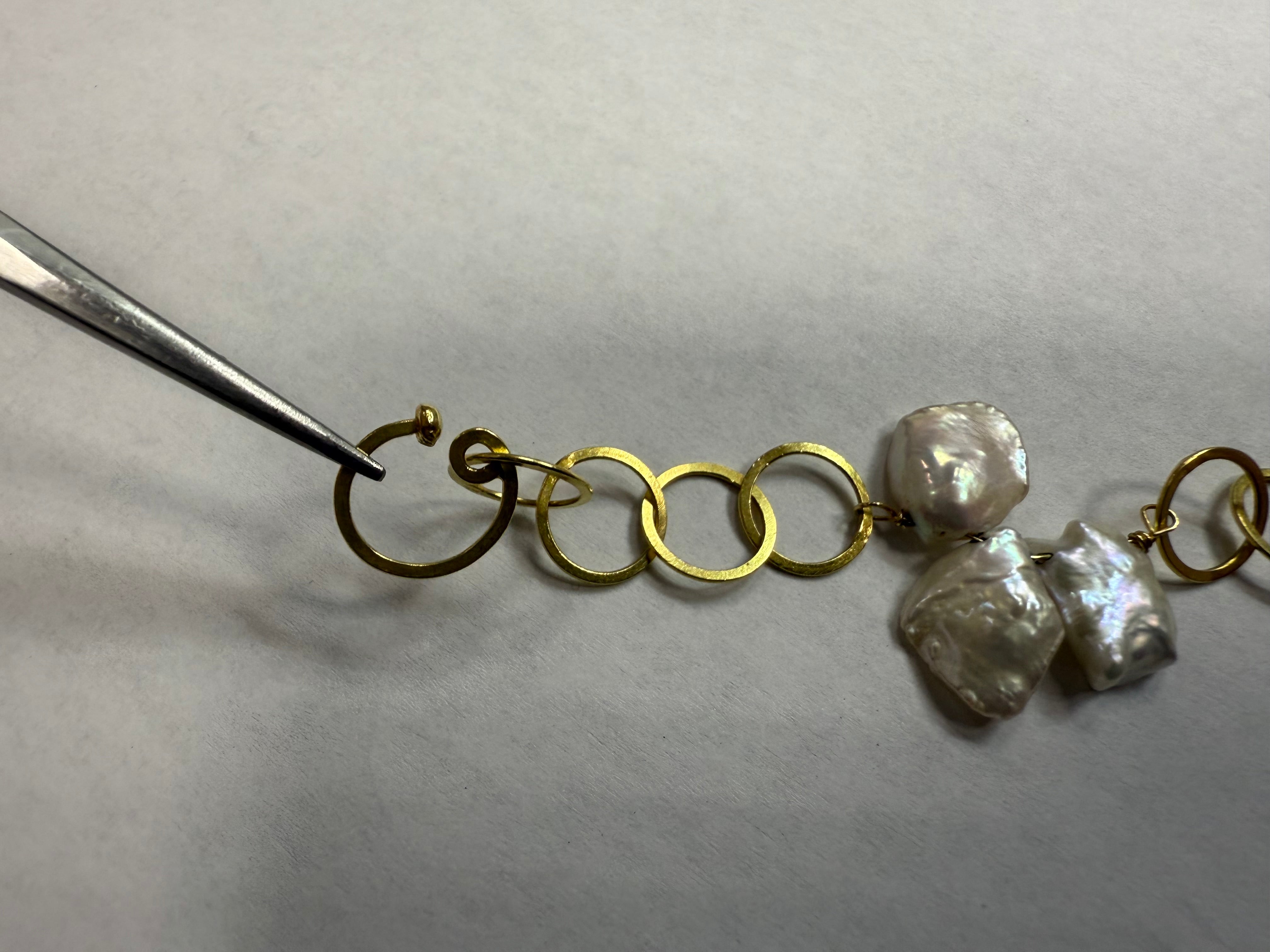 Retro Yellow Gold 36-Inch Keshi Pearl Opera Circular Ring Necklace Circa 1990