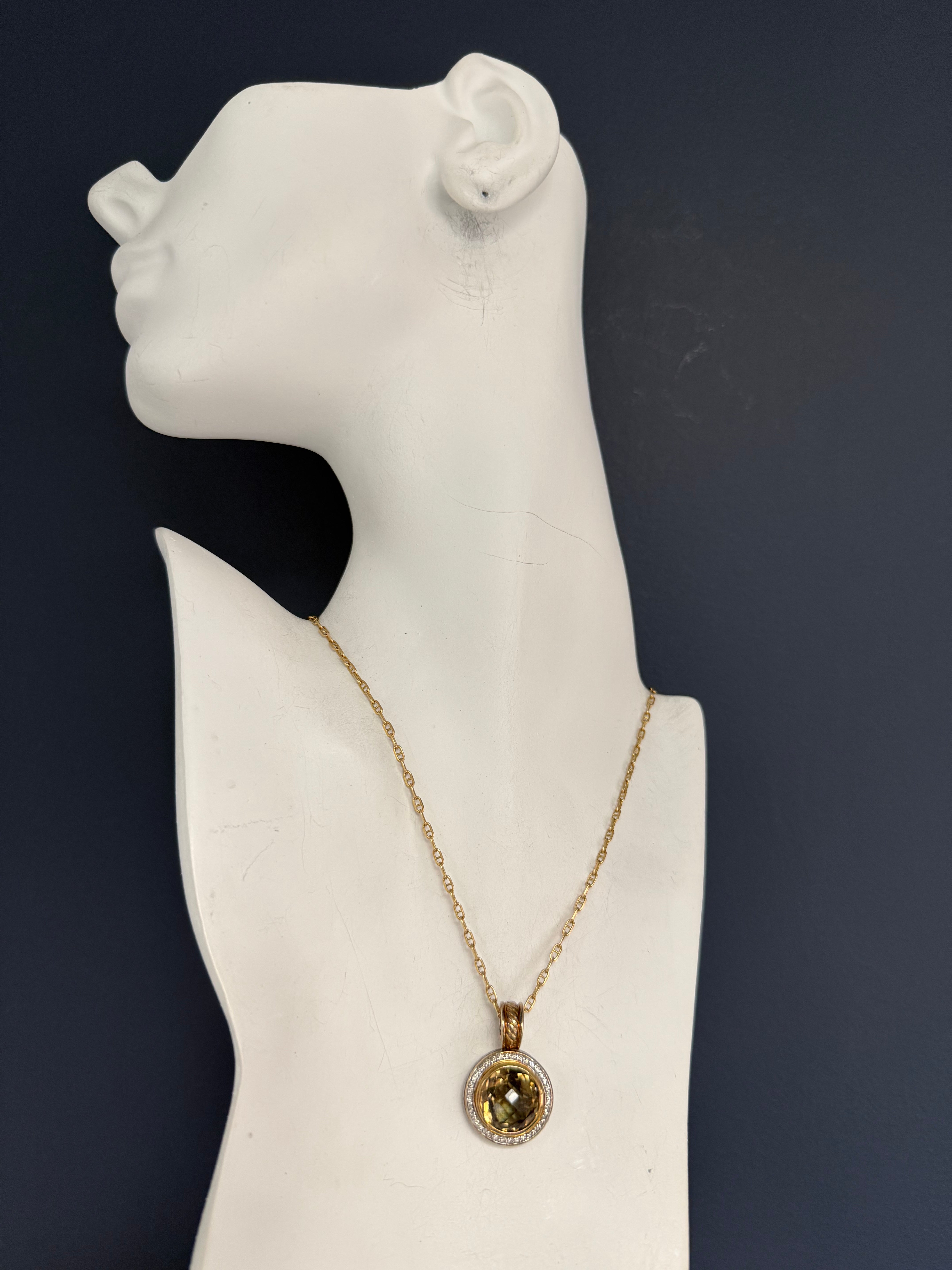 Modern Gold & Silver Natural Smoky Topaz & Diamond Pendant by David Yurman